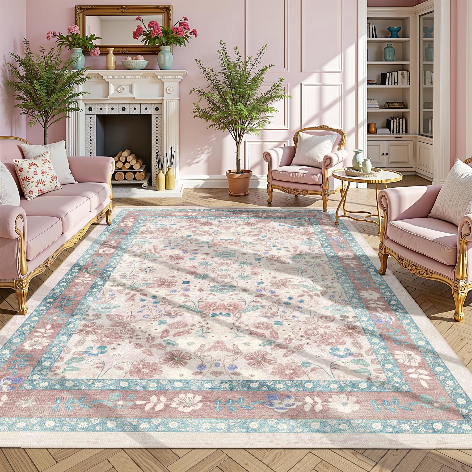 Area Rugs 5x7 - Deerly Pink Floral Boho Washable Non-Slip Living Room Carpet Soft Low Pile Vintage Thin Bedroom Floor Mat Indoor for Playroom Nursery Kids Girls Room Farmhouse, Light Pink/Blue/Multi