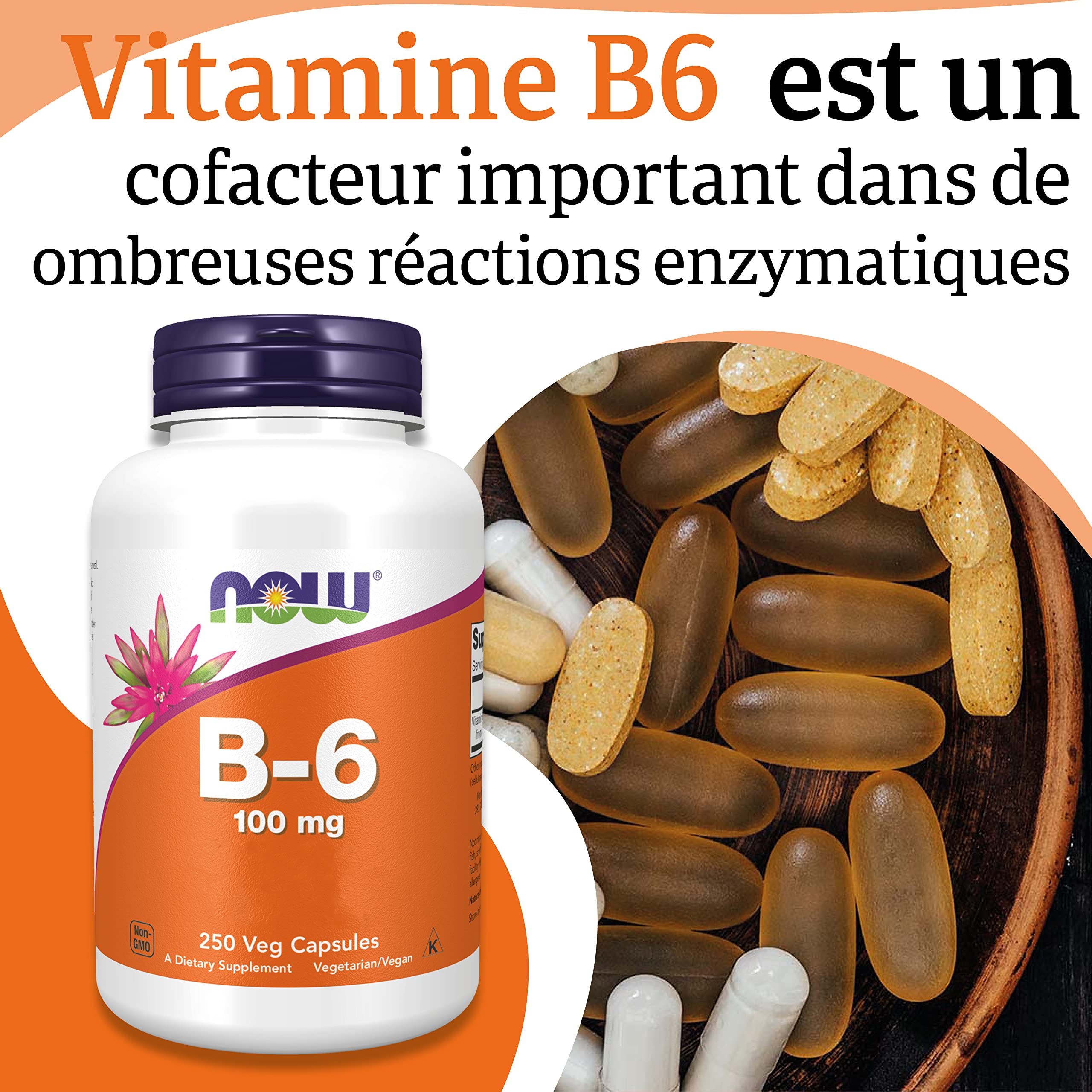 Now Foods, Vitamine B6 (Pyridoxine), 100mg, 250 Capsules végétaliennes, Testé en Laboratoire, Sans Gluten, Sans Soja, Végétarien, Sans OGM