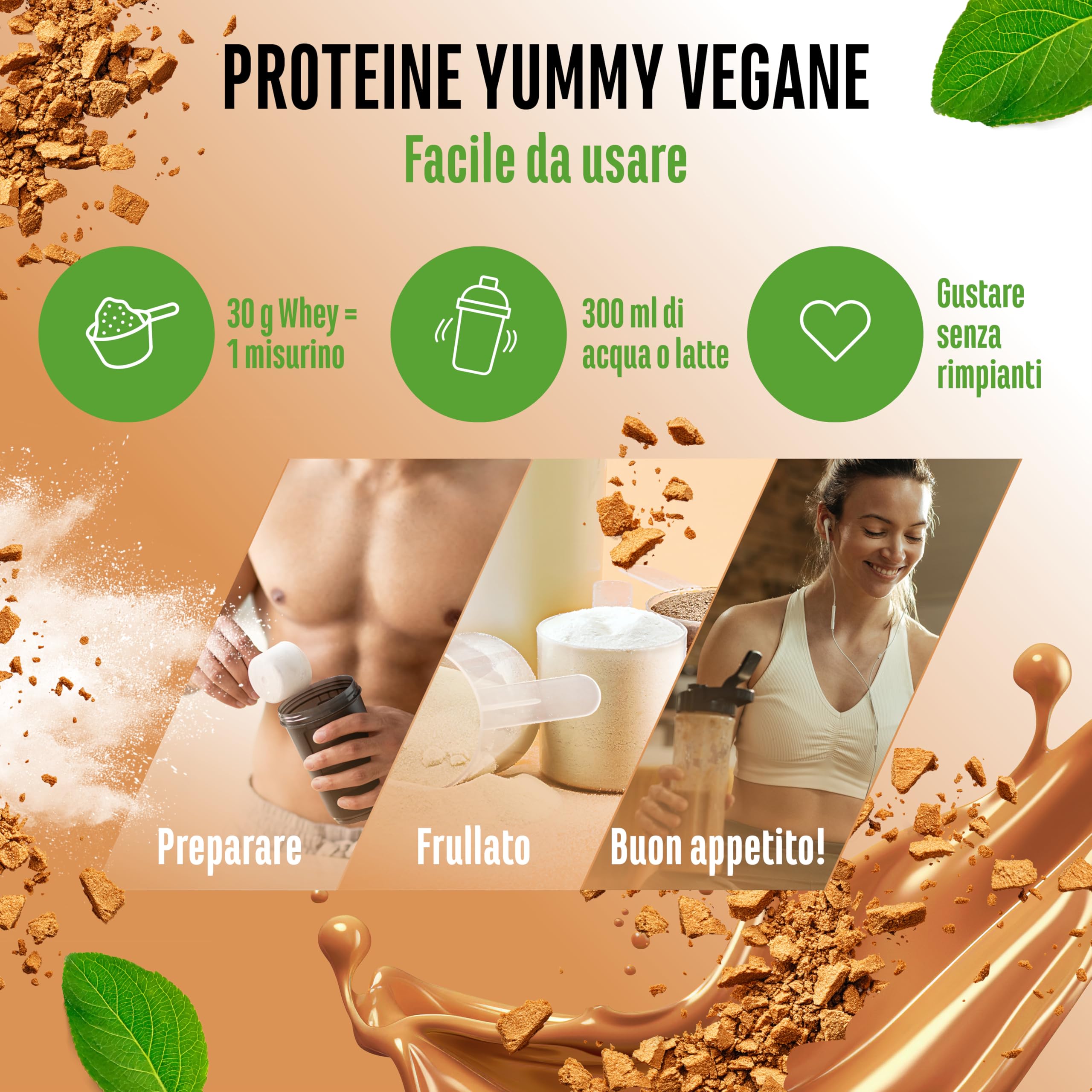 Yummy Vegan Protein Biscuit Caramel con pezzi – Frullato proteico vegetale con 24,1 g di proteine per porzione da isolato di fave con BCAA e amminoacidi – Consistenza cremosa e gusto delizioso – 908 g