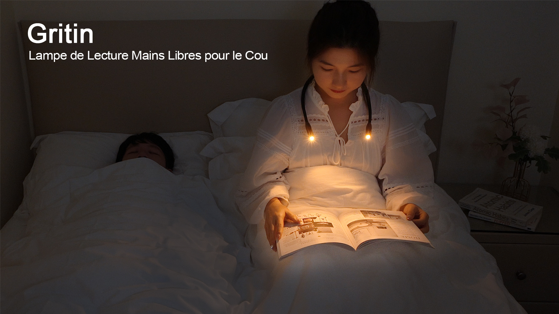 Gritin Lampe De Lecture De Cou Rechargeable - 80H Autonomie, 3 Couleurs, Bras Flexible