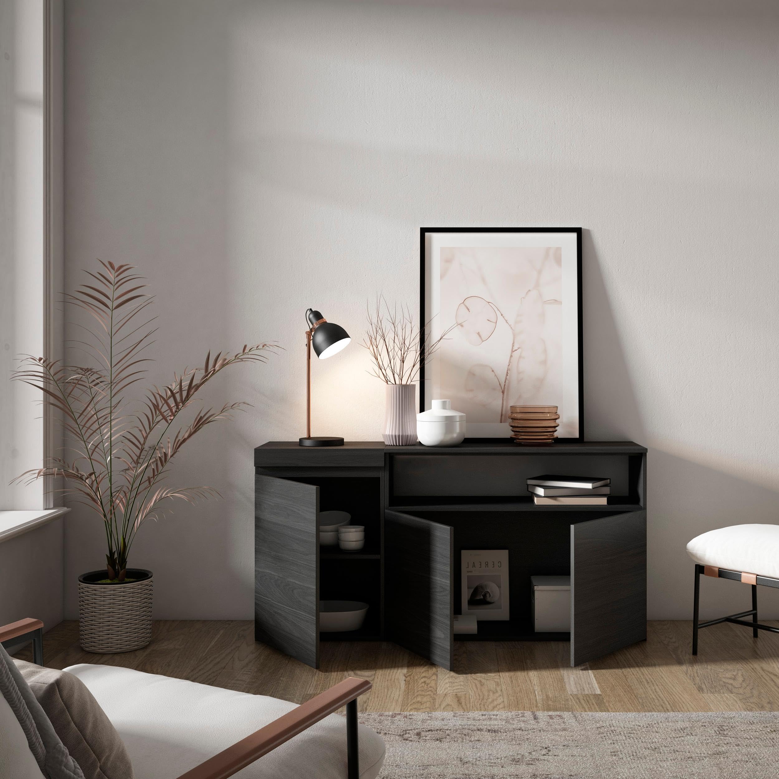 Skraut Home | Credenza, Mobile, Cucina | Madia, mobile ingresso | 150x75x35cm | 3 Porte | grande stoccaggio | Stile moderno | Nero