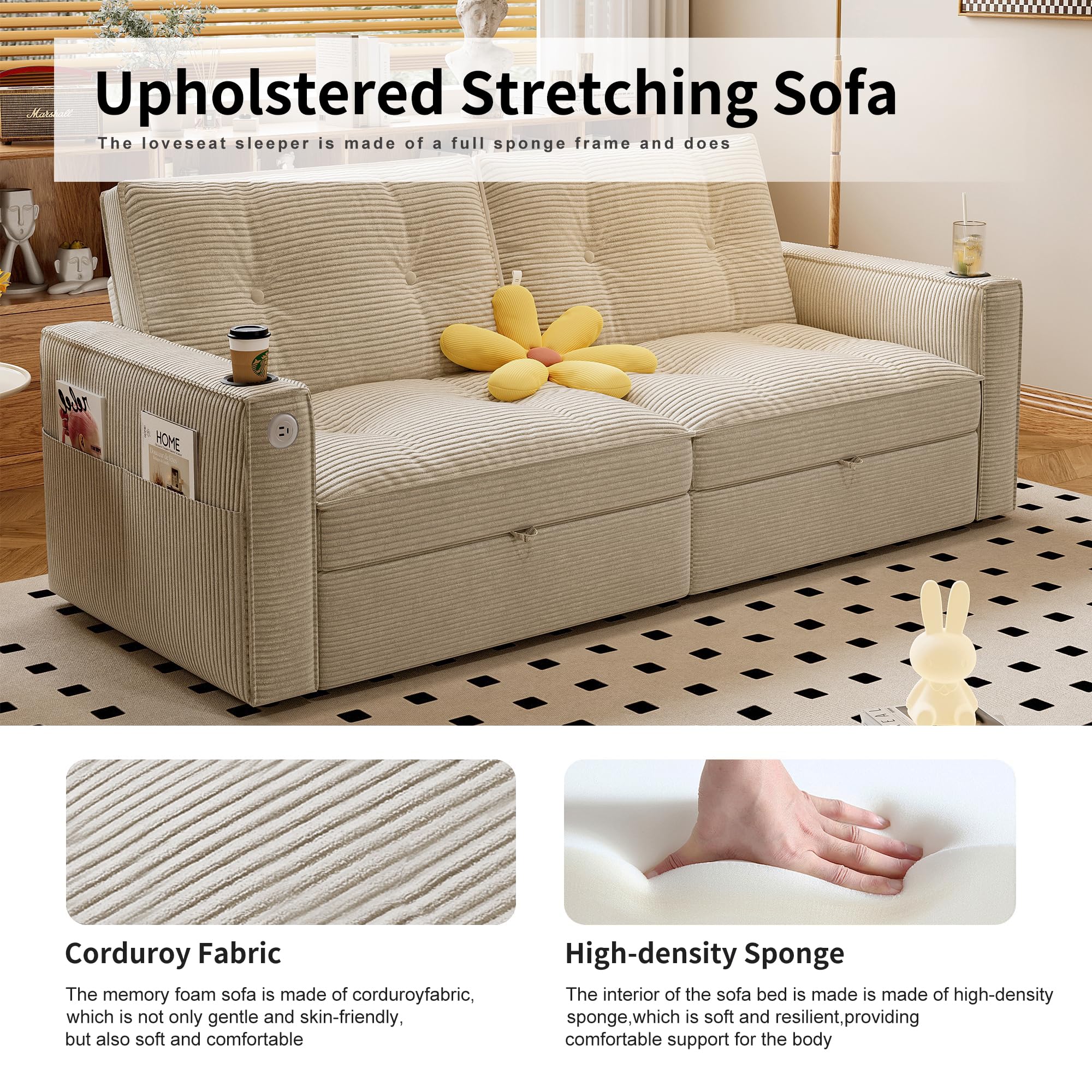 73.2'' Sleeper Sofa Full Size, Pre-Assembled Corduroy Futon, Beige | Convertible Pull Out Couch with Adjustable Backrest, Cup Holders, Pockets, USB, Loveseat for Living Room, Apartment