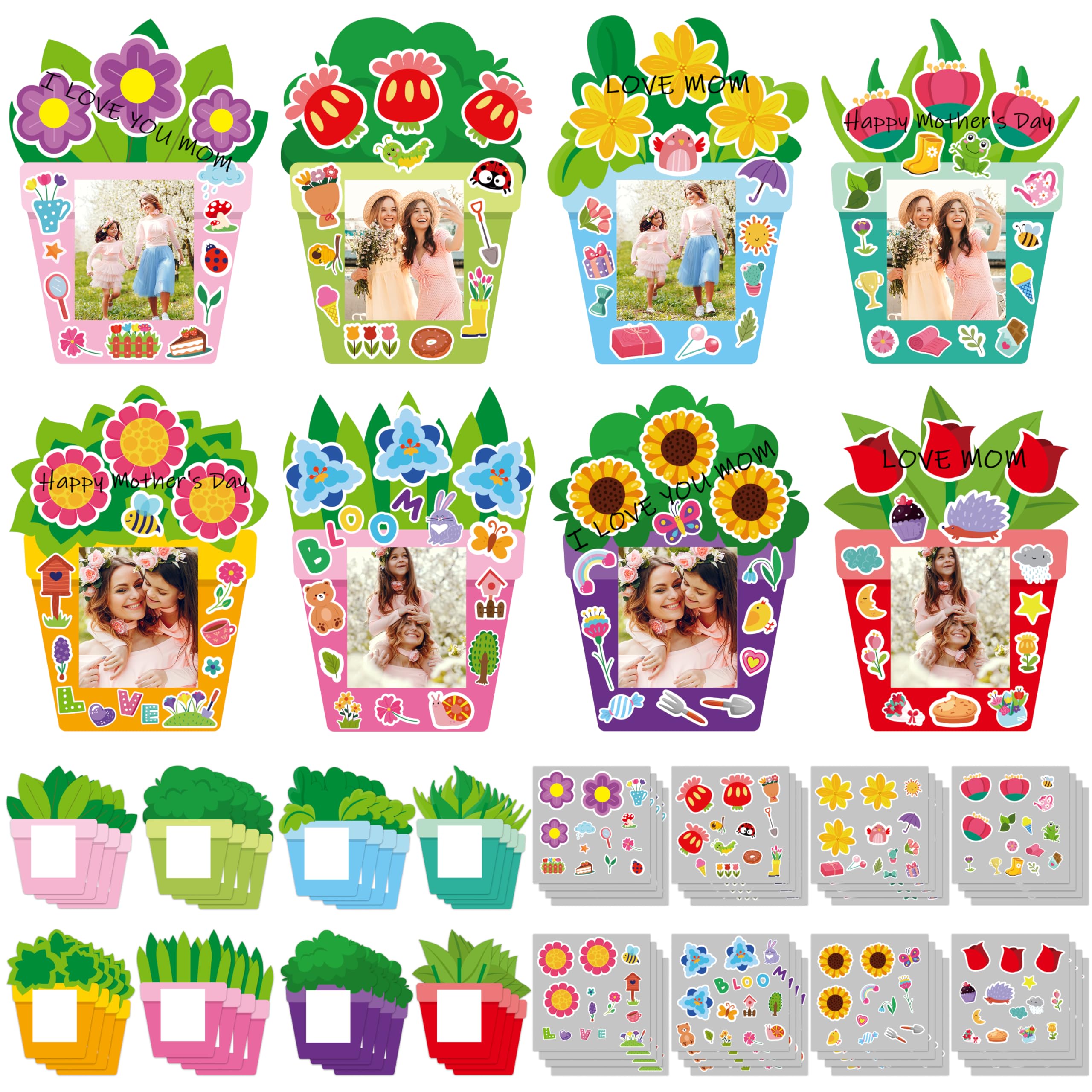 WATINC 96Pcs DIY Mother's Day Craft Kits for Kids, Make Your Own Spring Picture Frames with Stickers Flowers Paper, Spring Seasonal Gifts Craft Decor, Classroom Activities Supplies for Boys and Girls