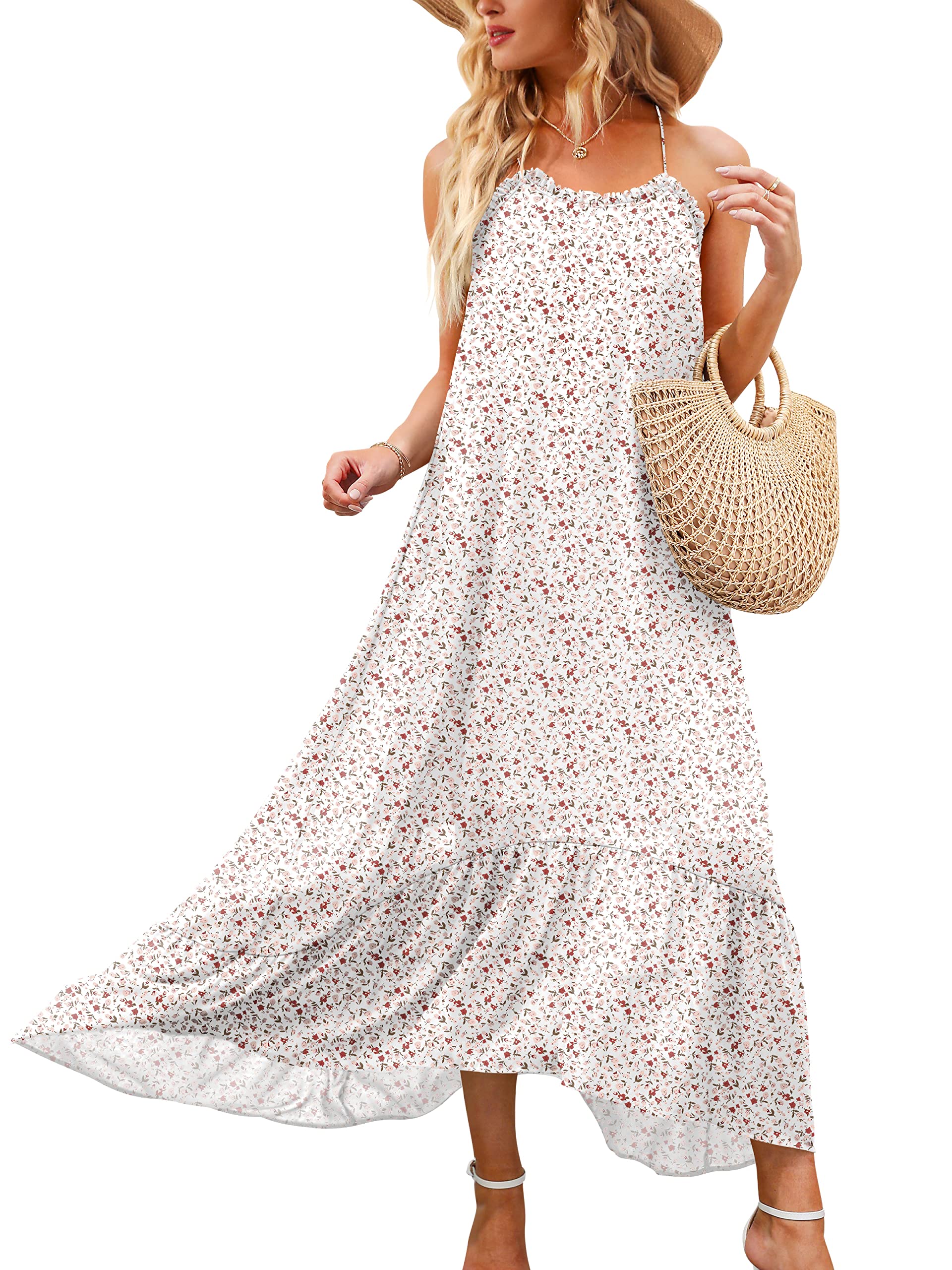 Photo 1 of ANRABESS Womens Summer High Low Ruffle Maxi Dress Spaghetti Strap Print Flowy Beach Long Dress Print yellow  Medium