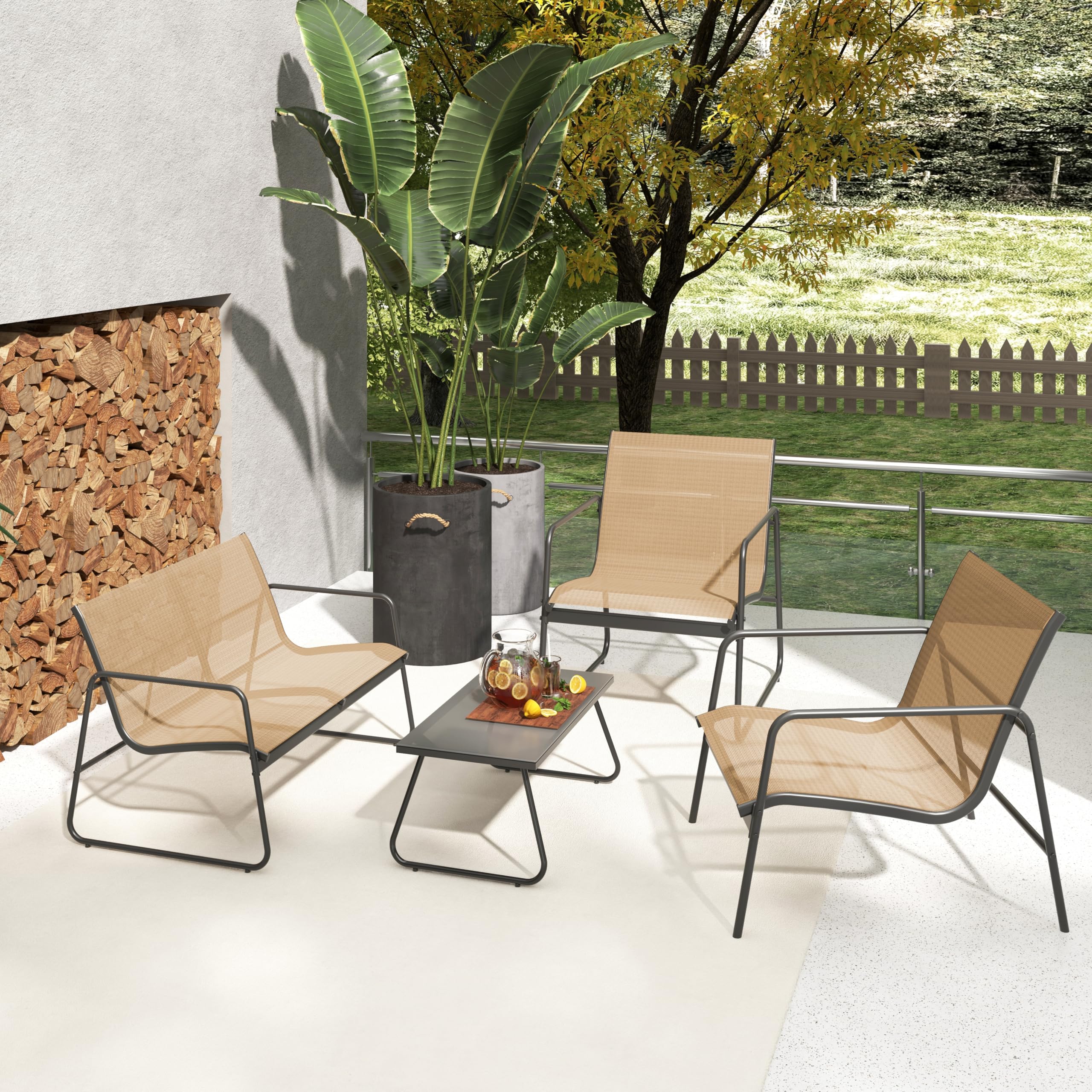 Grand patio Conjunto Muebles de Jardín, Textileno, Set de Comedor de Jardín Sillas de Mesa para Balcón, Jardín, Exterior (Marrón)
