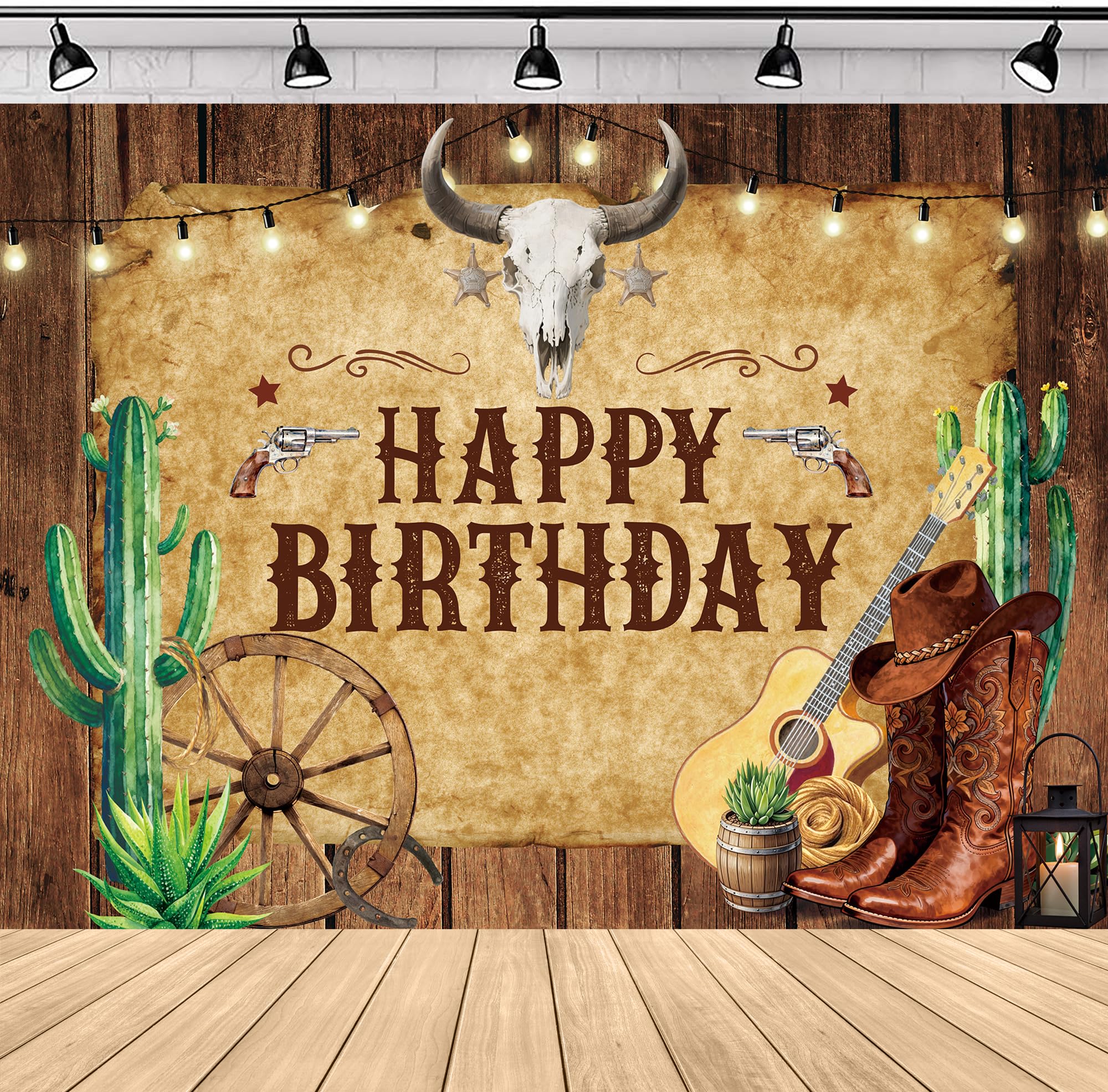 SVBright Western Backdrop 7Wx5H Cowboy Happy Birthday Rustic Wooden Board Cactus Rodeo Brown Hat Plant Country Wild West Men Boy Bday Party