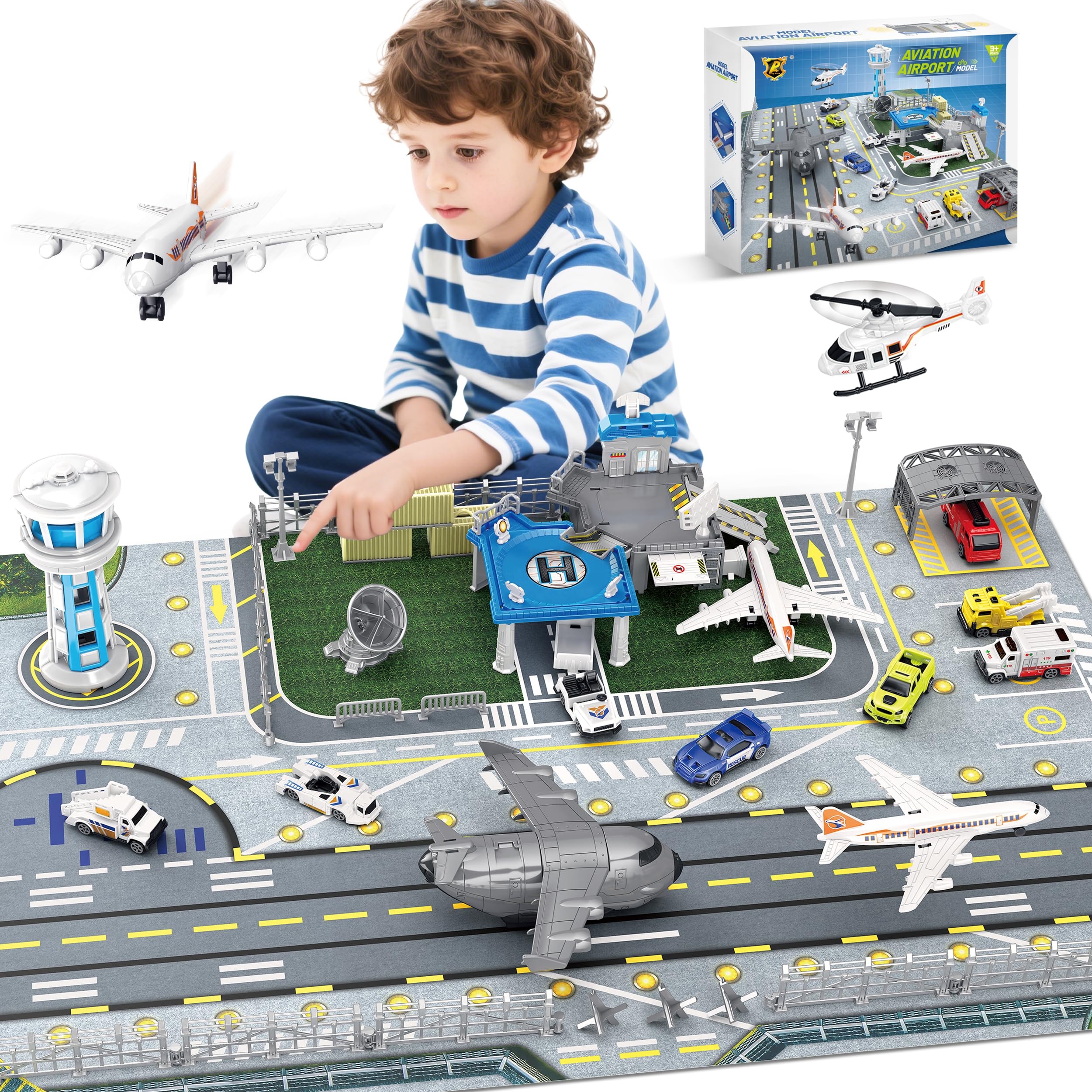 Set di giocattoli aerei con camion, elicottero, aerei e tappetino da gioco, giocattoli per l'aviazione aeroportuale per ragazzi e ragazze, ottimo regalo per compleanno e Natale