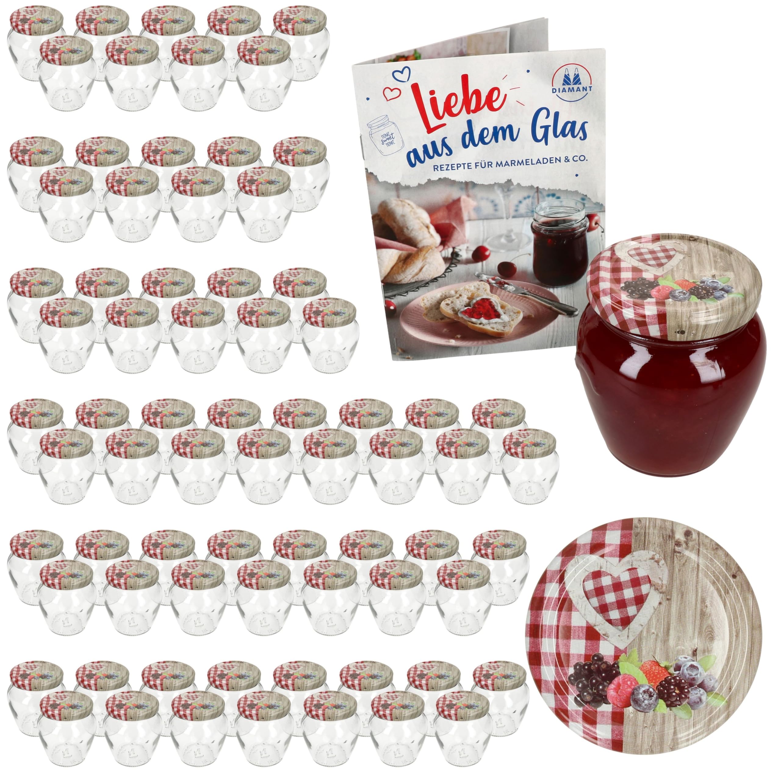 MamboCat Marmeladengläser Orcio 75er Set mit Deckel Holz-Herz Rot Beeren | 212 ml | Einmachglas TO 63 | Einkochen & Aufbewahren