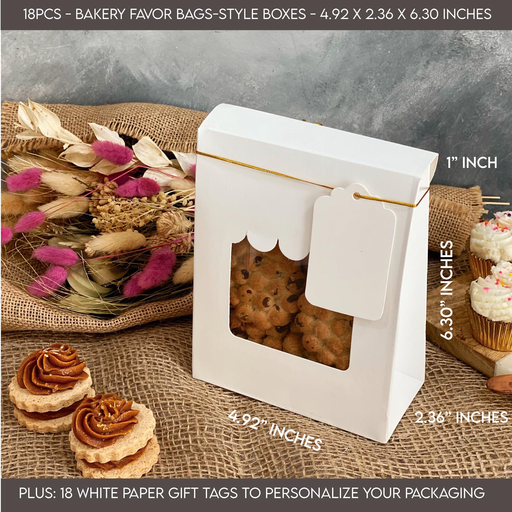 VASSAPACK 18 Pcs White Bakery Boxes with Clear Window - 4.92x2.36x6.30 Inches - Ideal for Cookies, Party Favor, Macarons, Pastries, Weddings, Parties & Small Bakery Supplies