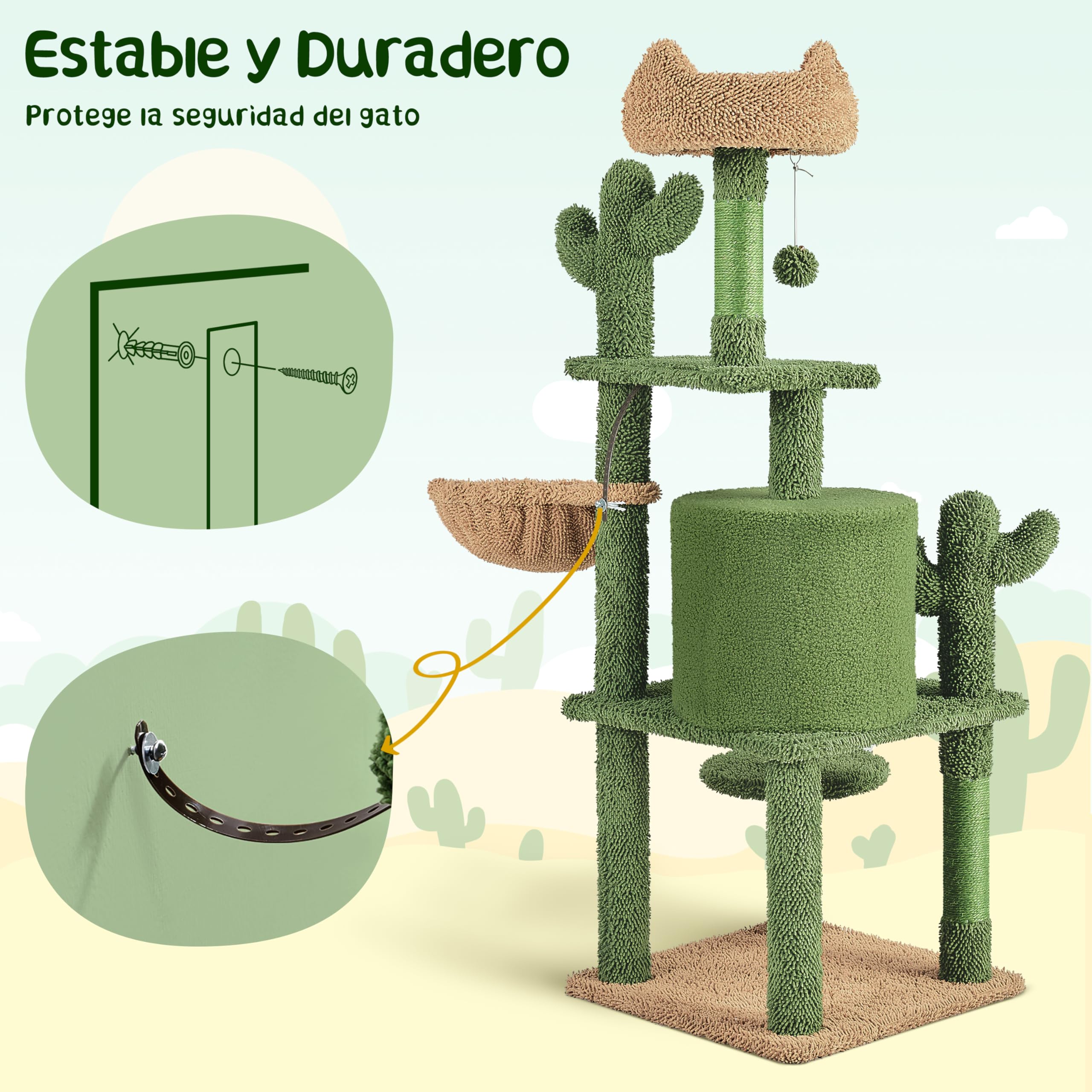 Yaheetech Árbol Rascador para Gato con Plataforma Torre Escalador de Sisal para 2-3 Gatos Medianos Sala de Juegos para Mascotas de Actividades 135 cm Verde y Marrón