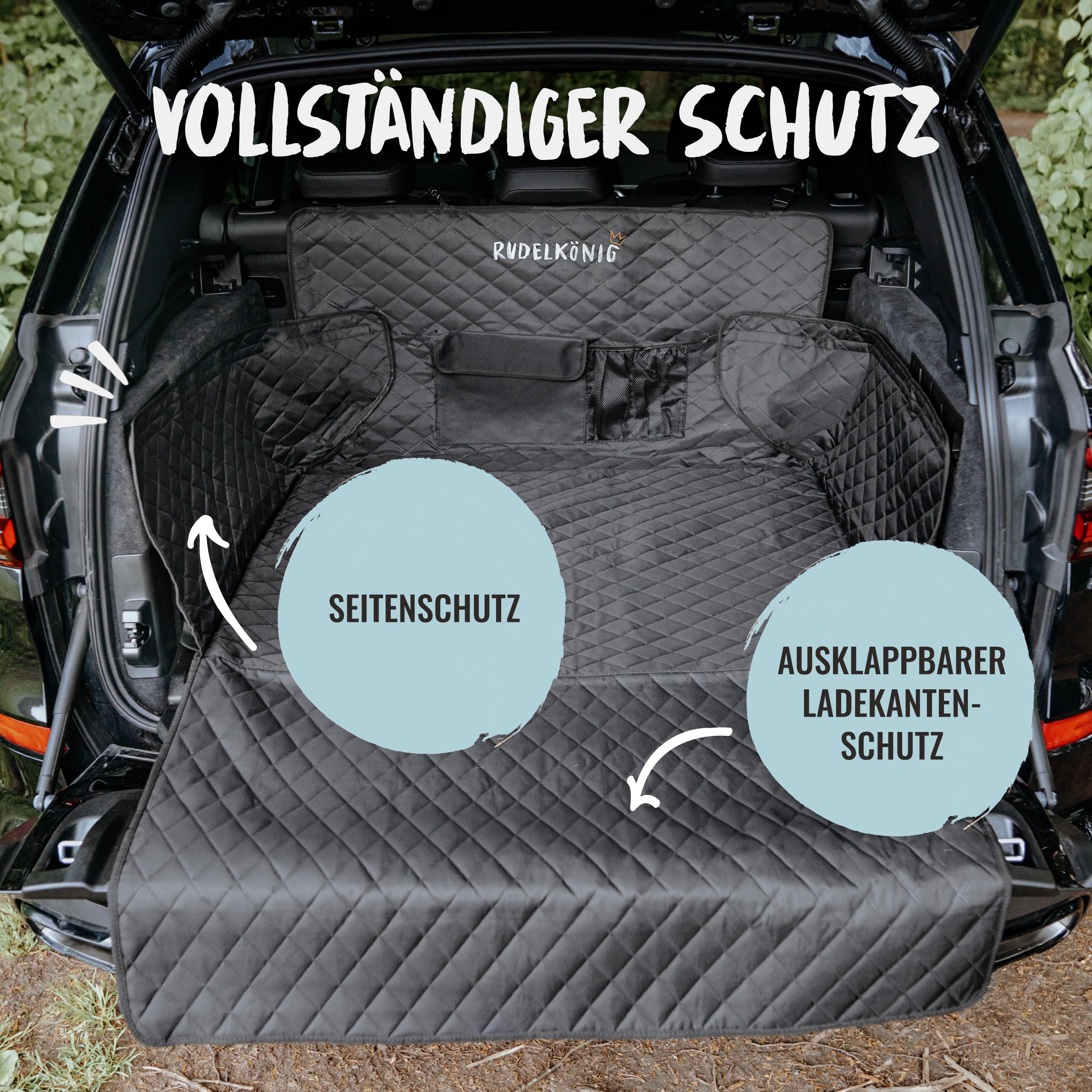 Rudelkönig Kofferraumschutz Hund mit Ladekantenschutz - Wasserabweisend & Kratzfest - Gesteppte Auto Hundedecke mit Tasche - Universale Kofferraum Schutzmatte für Hunde