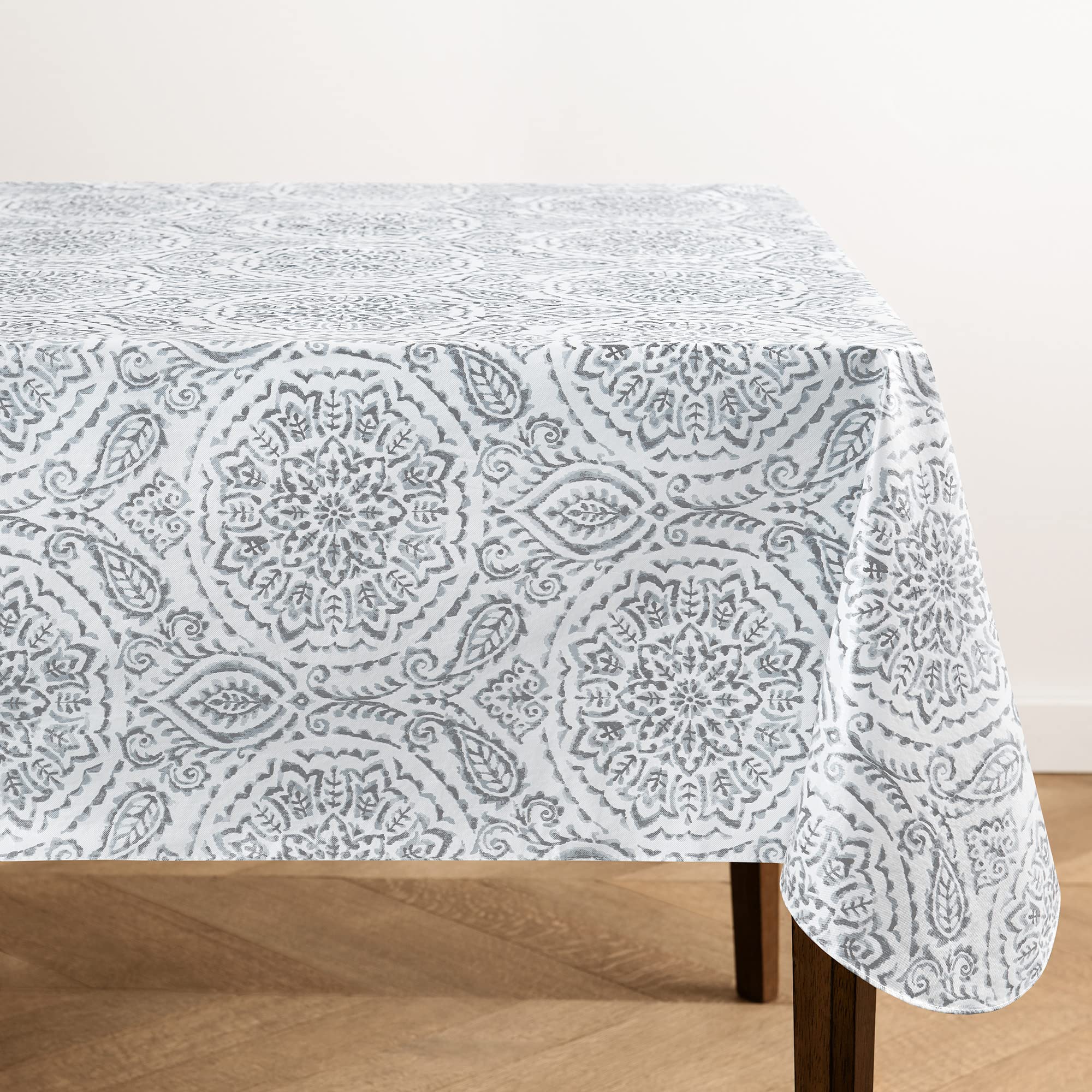 ElreneHome Fashions Savannah Boho Paisley Water- and Stain-Resistant Vinyl Tablecloth with Flannel Backing, 60 Inches X 102 Inches, Rectangle, Gray