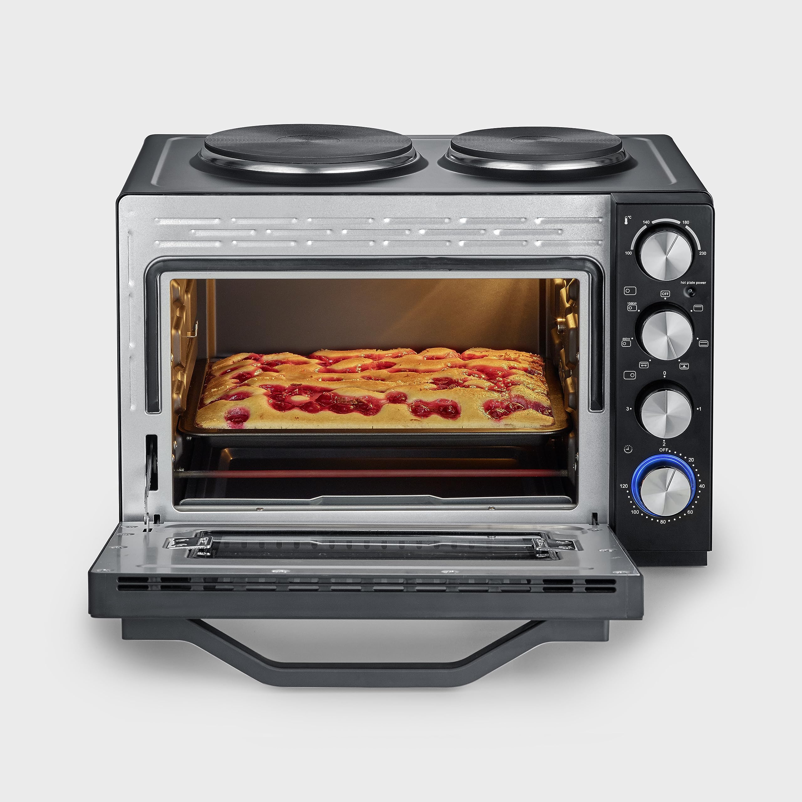 SEVERIN Mini-Four à chaleur tournante 30 L avec tournebroche et plaques de cuisson, Four posable 2 500 W design élégant, Mini-four électrique minuteur 120 min, Noir/Inox, TO 2074