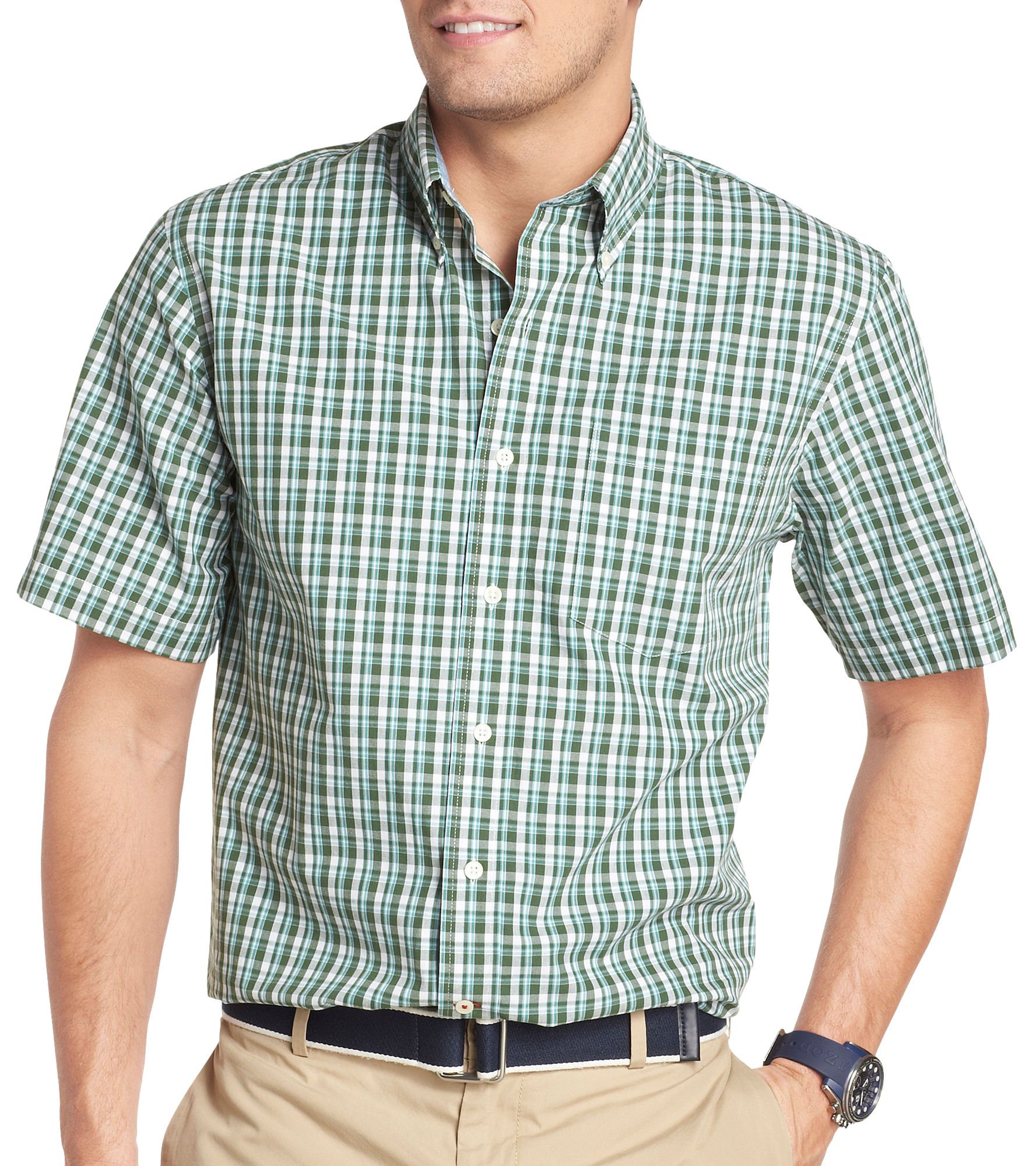 IZOD Men's Short Sleeve Camp Saltwater Small Plaid Button-Down