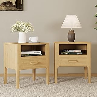 Merax Bamboo Nightstands Set of 2, Mid-Century Modern Night Stands with ...