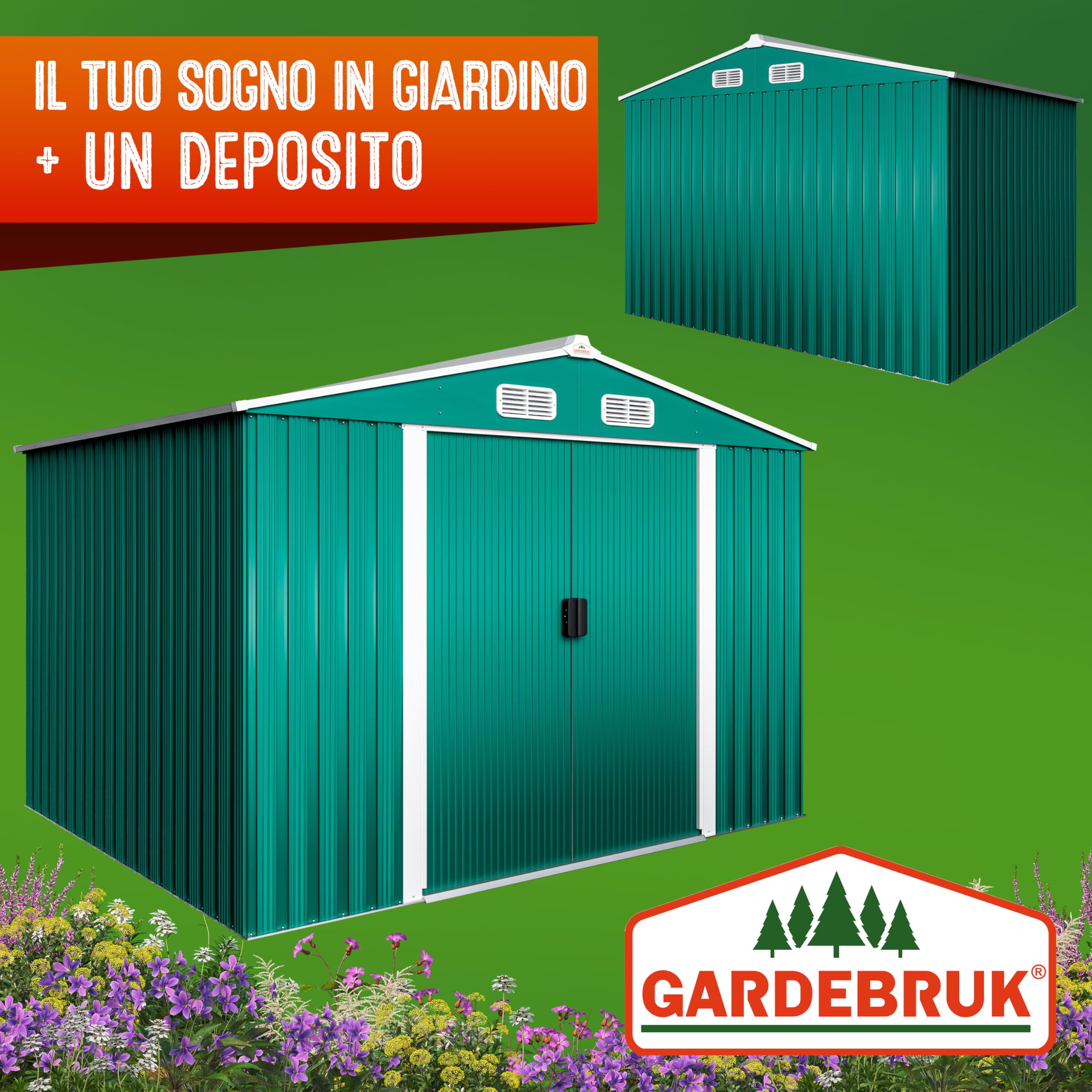 GARDEBRUK® Casetta per Attrezzi da Giardino XXL in Metallo 5m² con Base 260x205x180cm Porta Scorrevole Capanno Antracite con Tetto Prese d´Aria Capannone Rimessa da Esterno 9m³