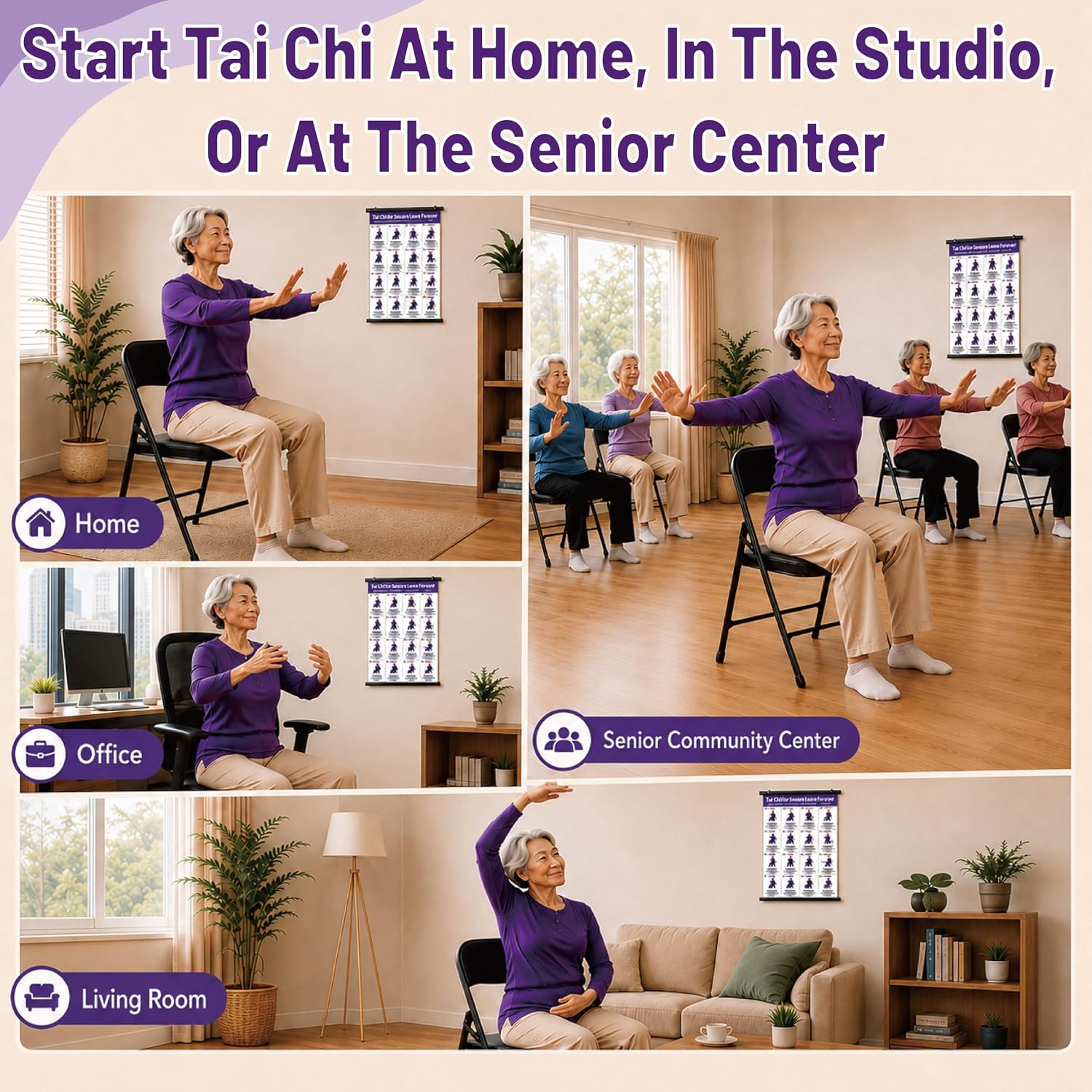 Mztcshcy Chair Tai Chi Workout Chart for Seniors & Beginners, 16x24 Inch | 16 Seated Tai Chi Moves Balance, Flexibility, Mobility & Relaxation, Wall Art, Living Room, Bedroom, Home Gym, Exercise Guide