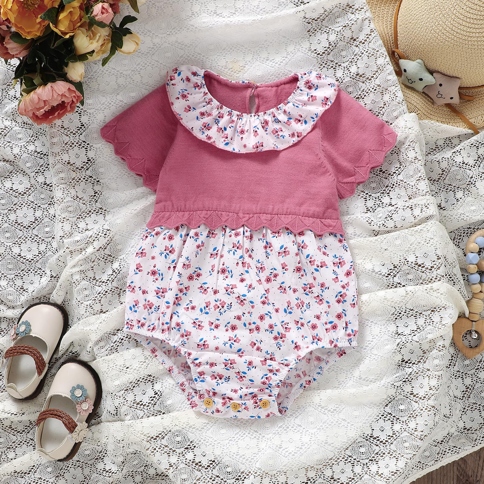 mimixiong Baby Romper Girls Knitted Ruffle One Piece Romper Short Sleeve Floral Jumpsuit Infant Summer Clothes Outfits Pink, 3-6Months