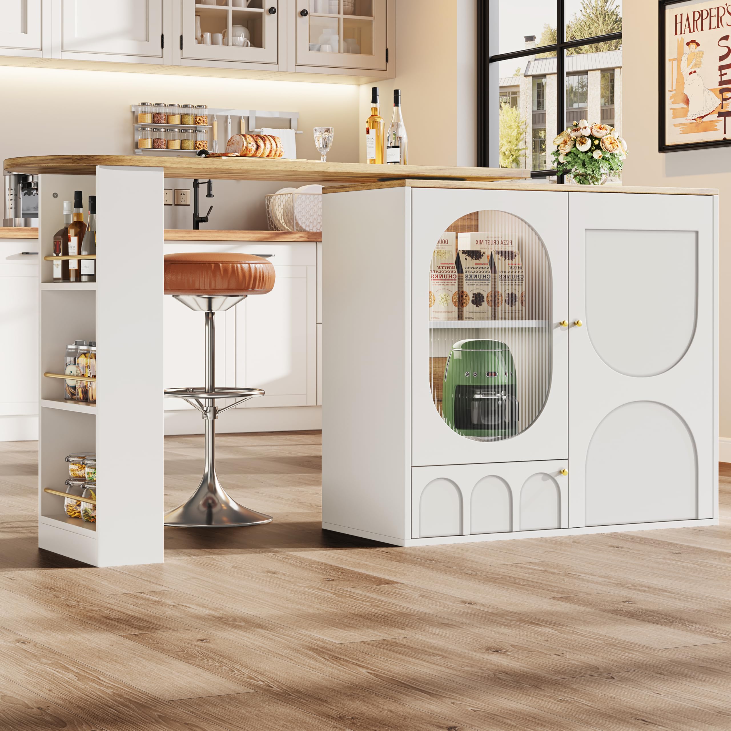 Merax Bar Table with Storage 360° Rotating – White Coffee Bar Furniture, Kitchen Island with Sideboard and Two Glass Doors, Buffet with Shelves, Modern Dining Table, 138 x 39 x 105 cm — image 1