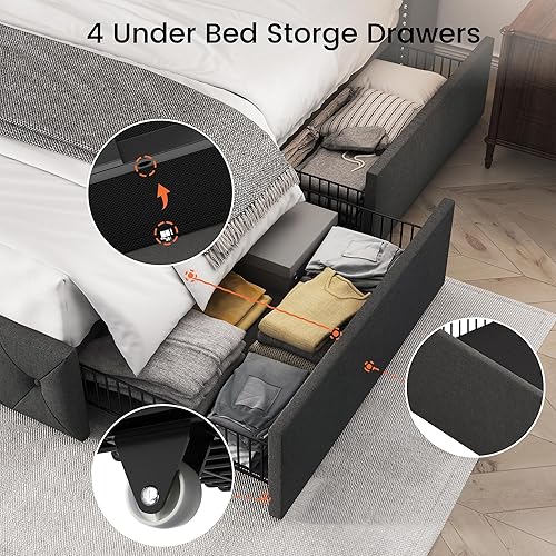 Miniatura 23 de LARMACE - Marco de cama tamaño King con 4 cajones de almacenamiento y cabecera tapizada con botones, cama de plataforma tapizada en lino con