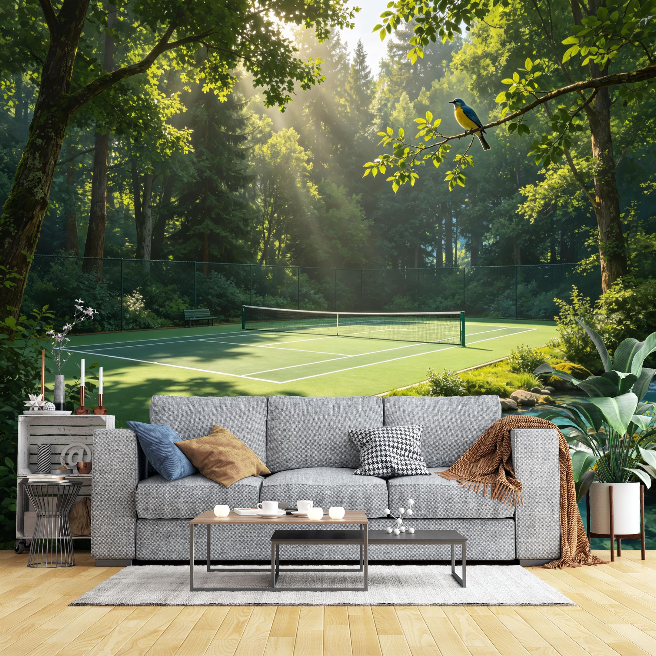 Lcythiazole Ch260604103 Custom Size Wall Murals Sunlit Forest Tennis Court By Stream Wall Murals Nature View Wallpaper Wall Stickers Self-Adhesive Removable Wallpaper For Living Room Bedroom