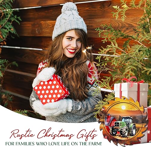 Vista 56 de Adorno de Navidad rústico de granero rojo – Decoración de árbol de vacaciones de granja con tractor y molino de viento, decoración de escena
