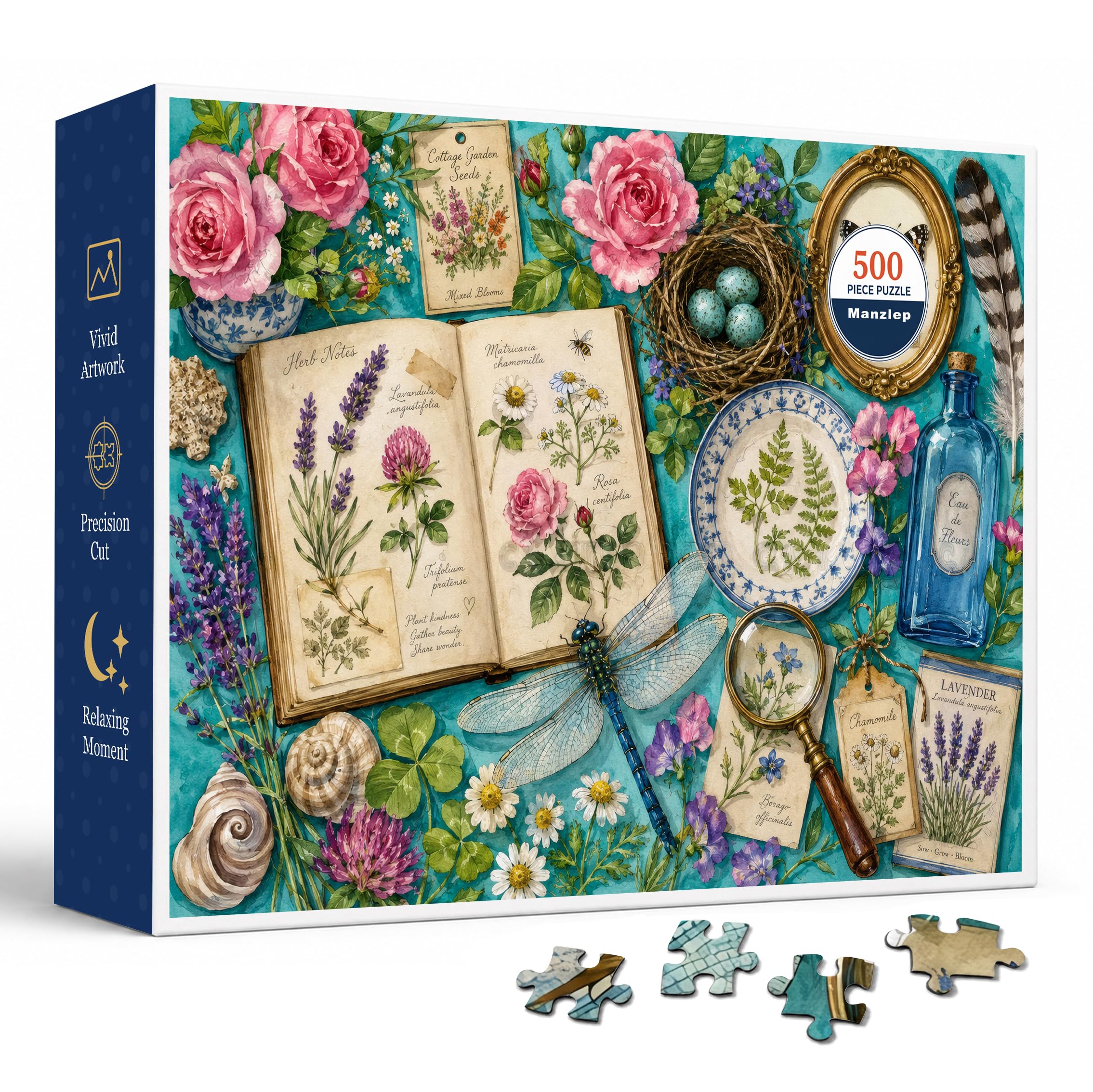 Cottage Garden Botanical 500 Piece Jigsaw Puzzle for Adults, Vintage Watercolor Herb Journal Scene with Roses, Lavender, Fern Plate, Nest, Butterfly Frame, Dragonfly, Seeds, Shells, and Blue Bottle