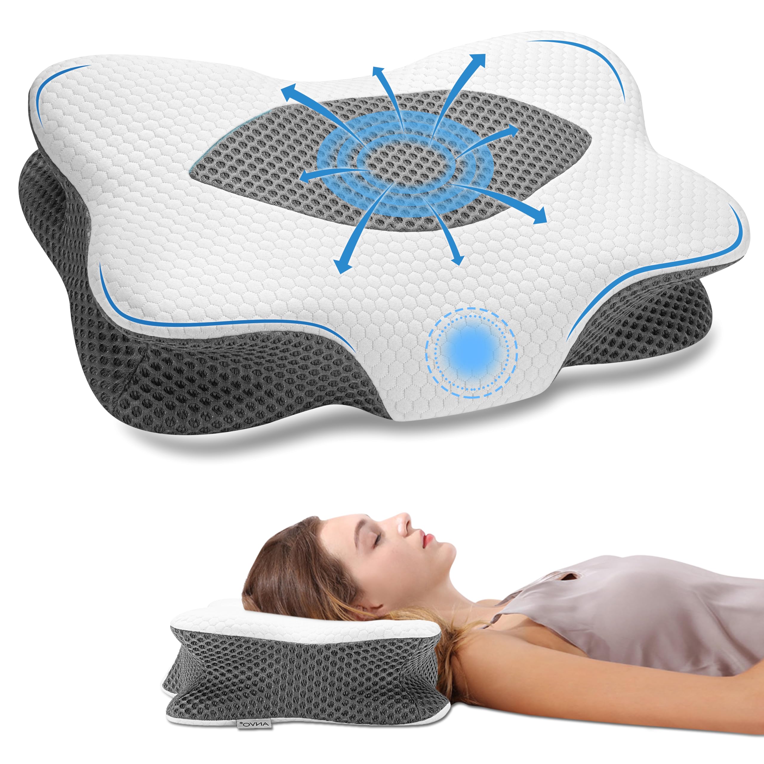 Anvo Cervical Pillow for Neck Pain Relief - Memory Foam Pillow for Neck and Shoulder Pain - Neck Pillows for Pain Relief Sleeping - Ergonomic Pillow for Side Back Stomach Sleeper - Grey Firm