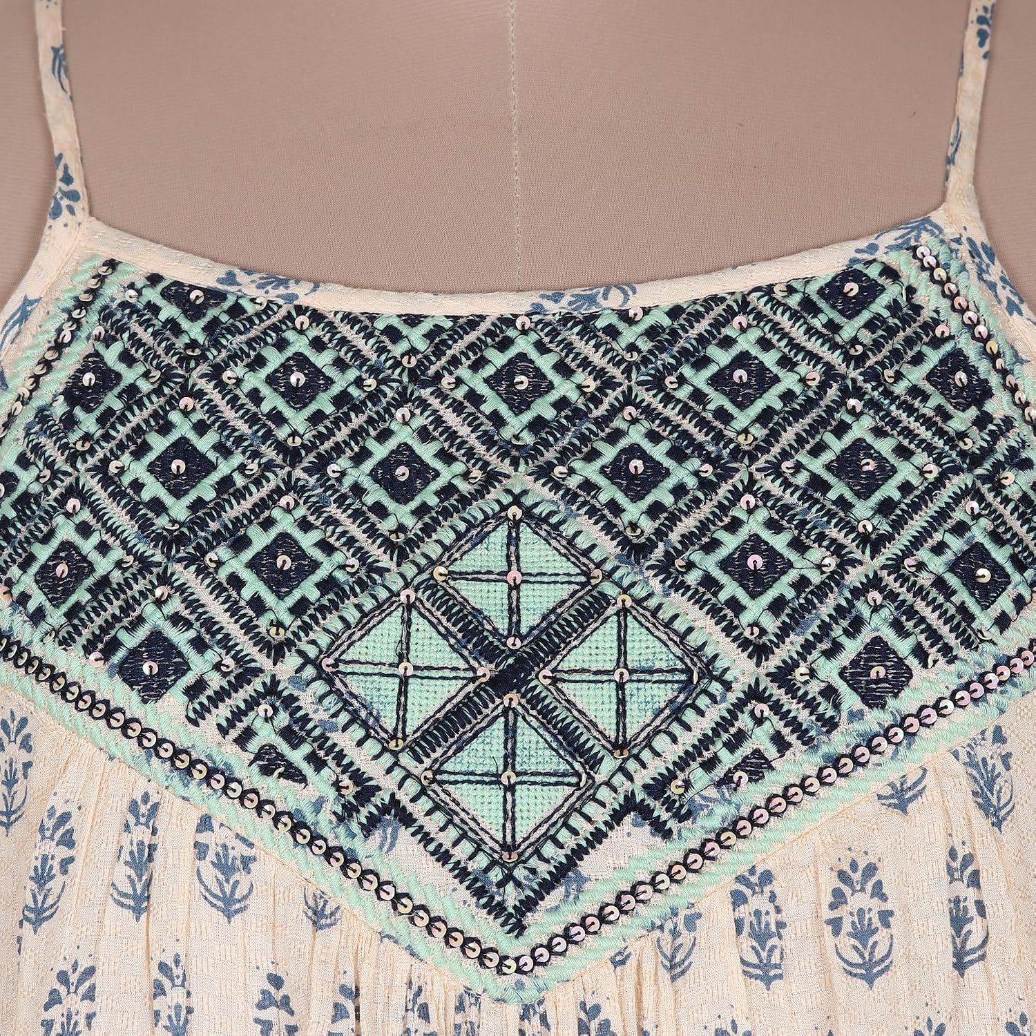 NOVICA Artisan Handmade Embroidered Sundresses Viscose Floral Motif Maxi Cotton Clothing Multicolor India 'Corfu Seas'