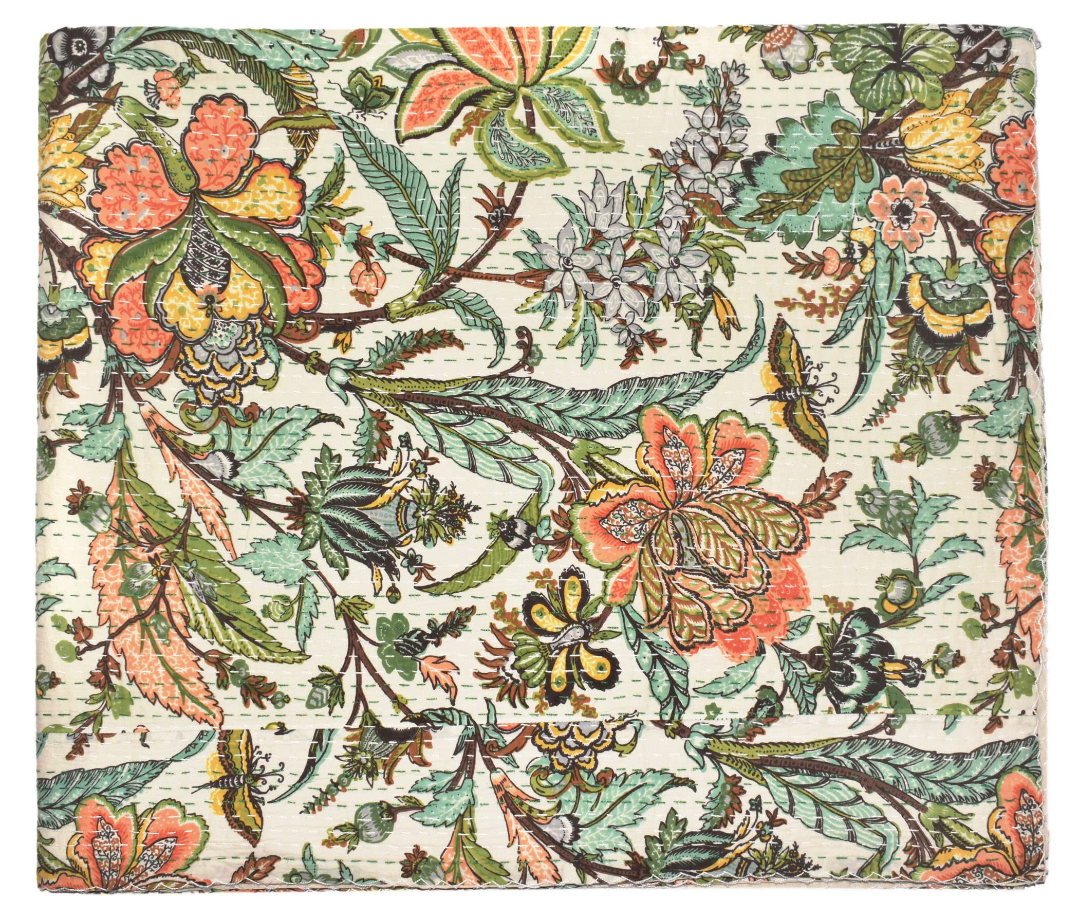 Handicrafts Plus White Kantha Quilt Cotton Bedspread Handmade Bedcover Indian Blanket Butterfly Print Throw Hippie Coverlet King Size Blanket