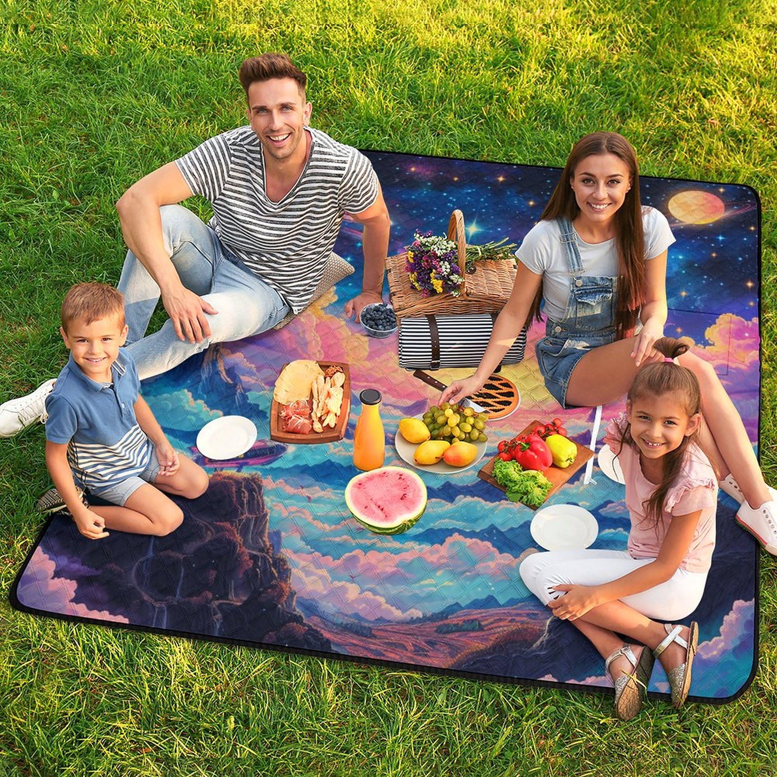 3D Stampa Luna e stelle Coperta Picnic Impermeabile artee Plaid Pic Nic Pieghevole Coperta Da Picnic Per Campeggio, Trekking, Montagna, Viaggi 200x200cm