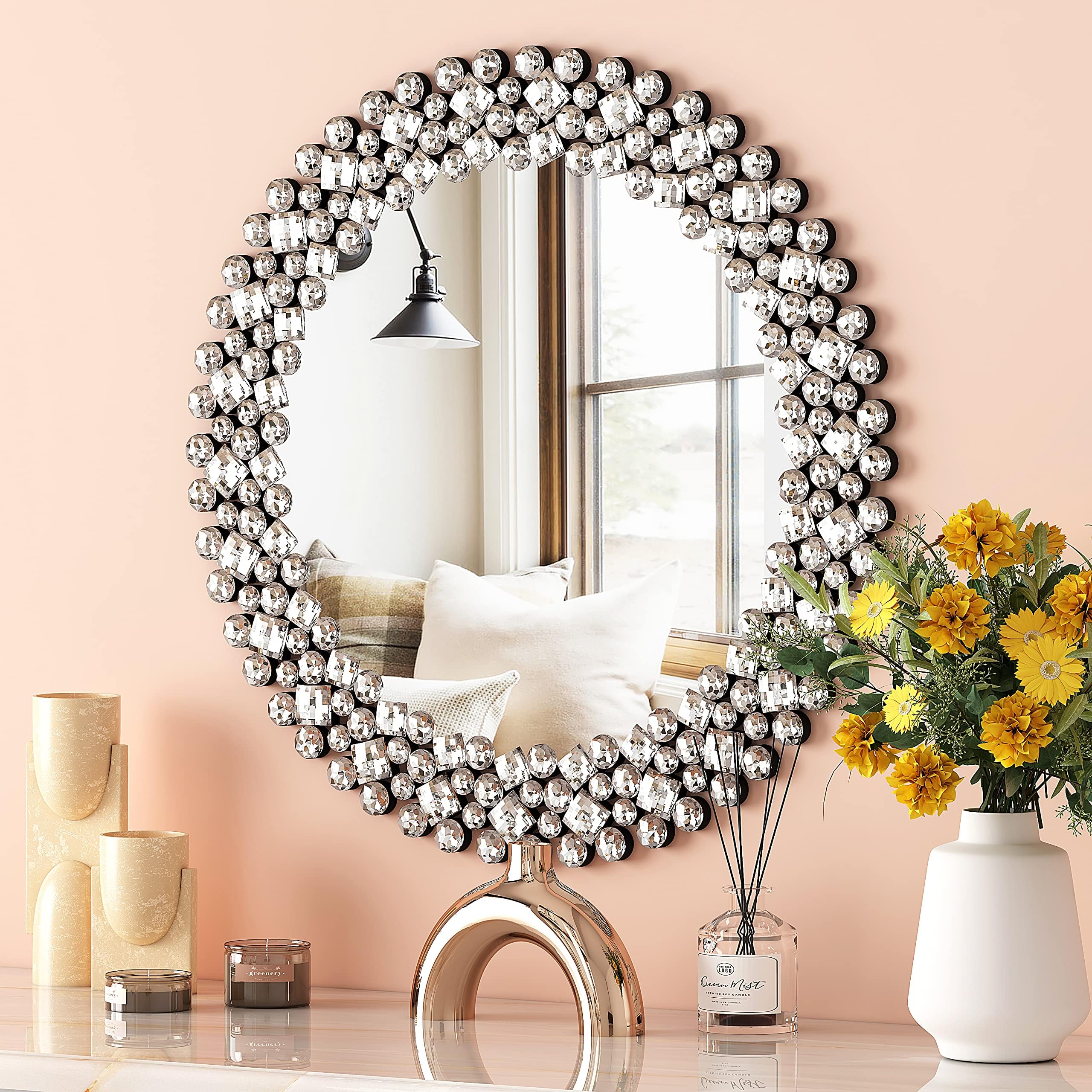SHYFOY Espejo redondo de pared moderno con borde de joyas de cristal | Espejo redondo de lujo para baño, lavabo, salón, dormitorio, entrada | 60 x 60 cm