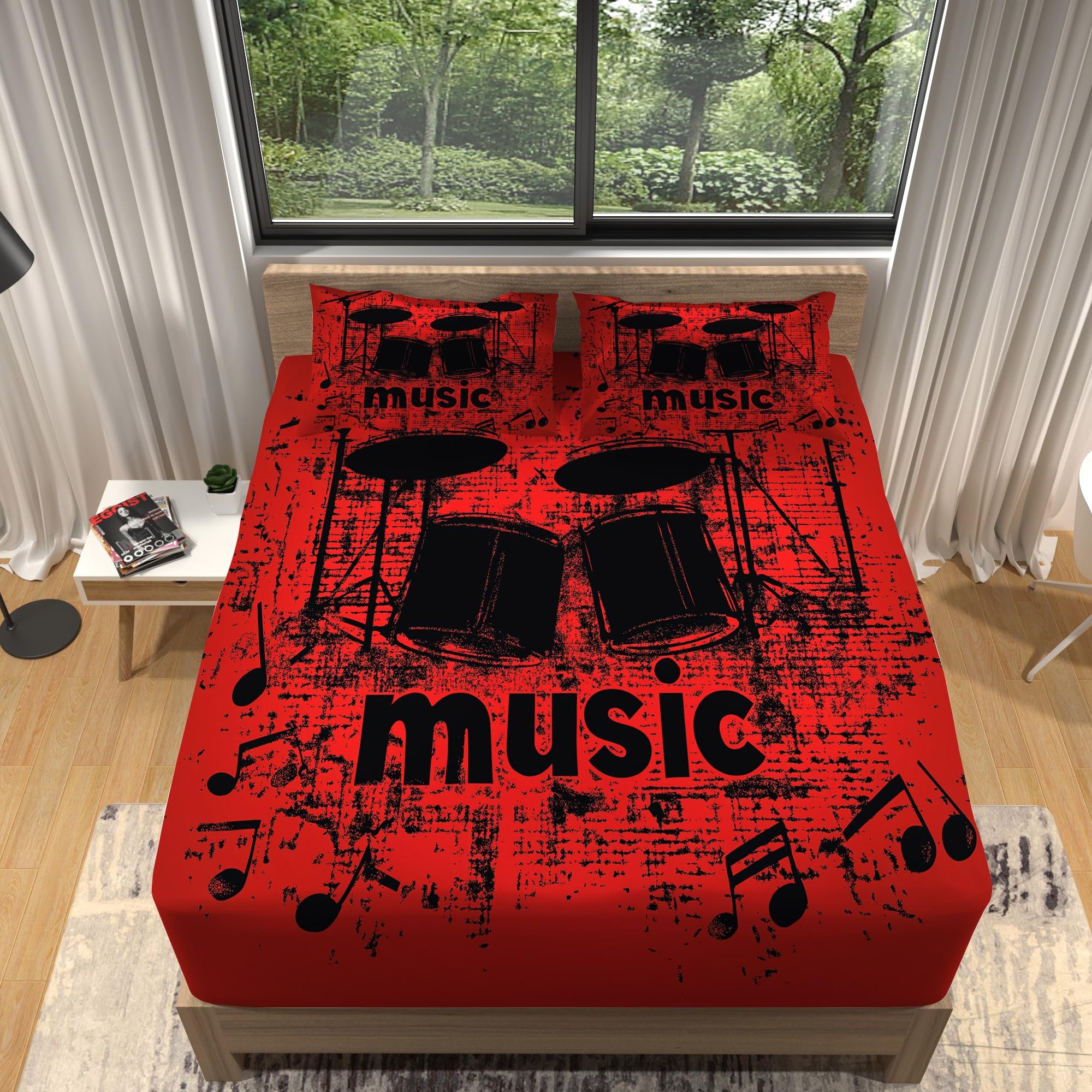 Fitted Sheets Simple Musical Instruments Printed Fitted Sheet Black Red Bedding King Fitted Sheet Deep Pocket 30cm, Soft Microfibre Fabric Elasticity Wrinkle Resistant Bedding Sheets
