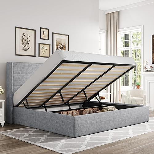 Miniatura 28 de Allewie Cama de almacenamiento elevable tamaño Queen, cabecera moderna con respaldo alado, soporte hidráulico, no necesita somier, color beige claro