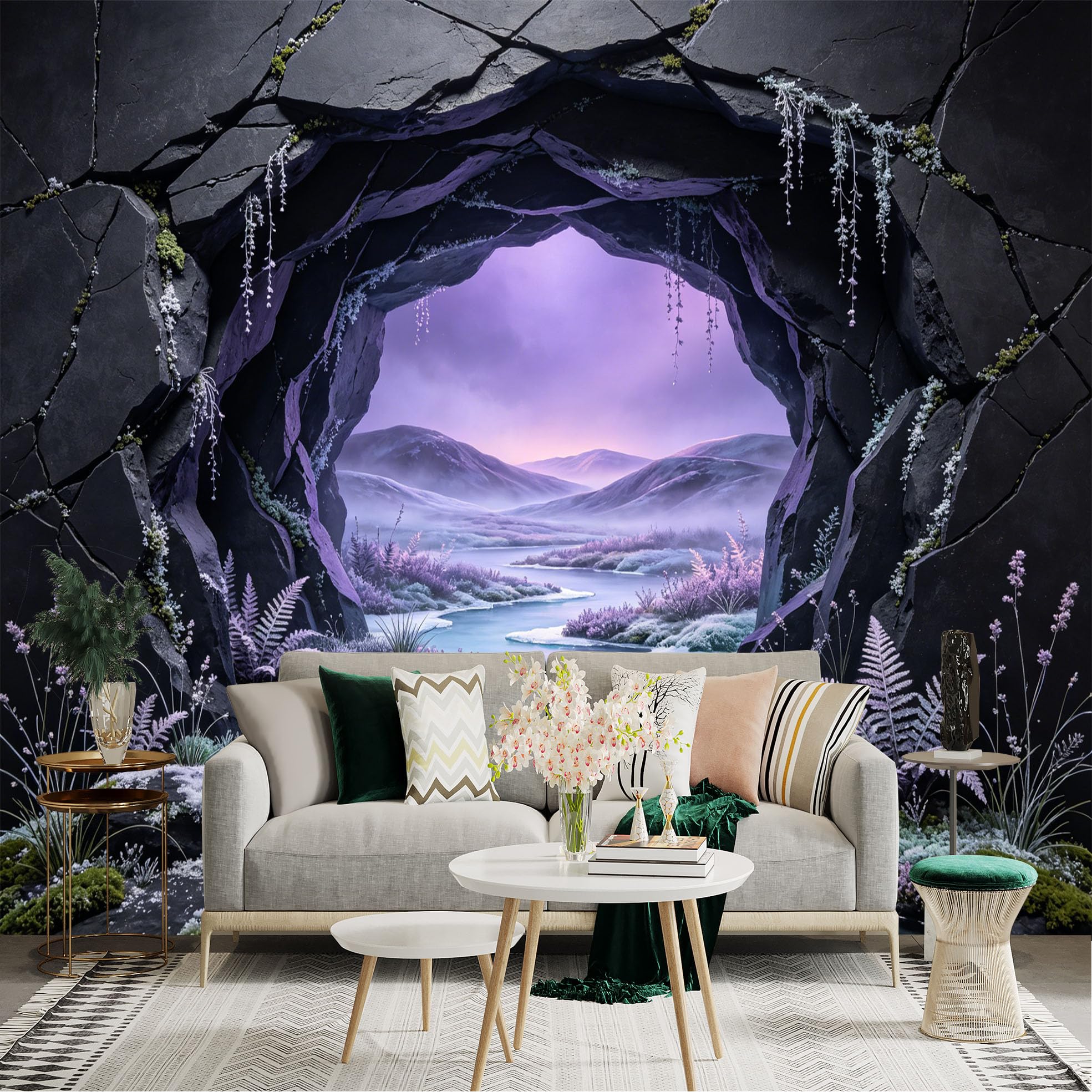 Custom Size Wall Sticker Mural， Dreamy Cave View with River， Mountains and Lavender Landscape， for wall Decoration， peelandstick wall Decals.
