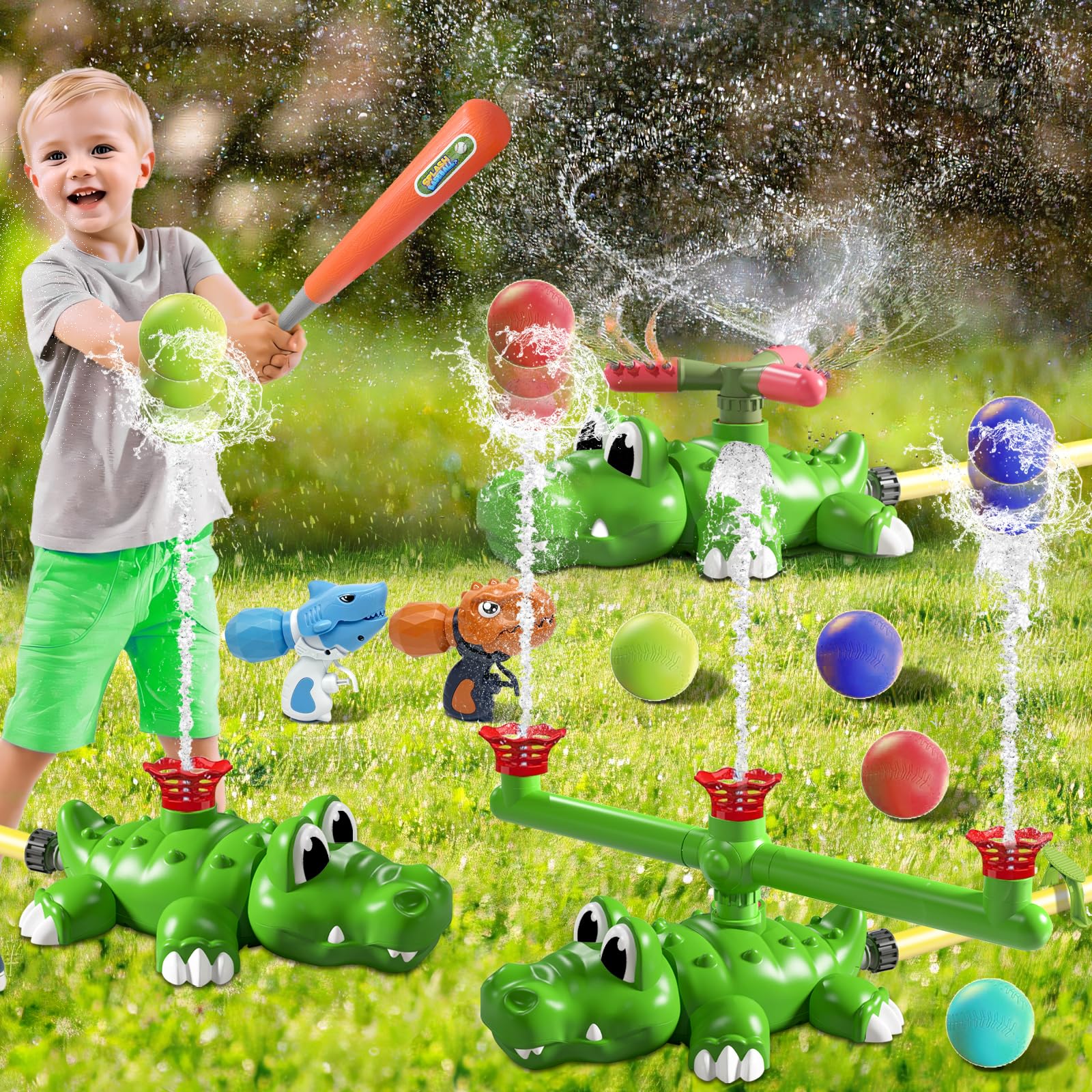 Water Sprinkler Baseball Toy for Kids Outdoor Play, 3 in 1 Summer Water Game, 360° Roating Spray Water Baseball for Boys Girls Summer Backyard Lawn Pool Party Fun
