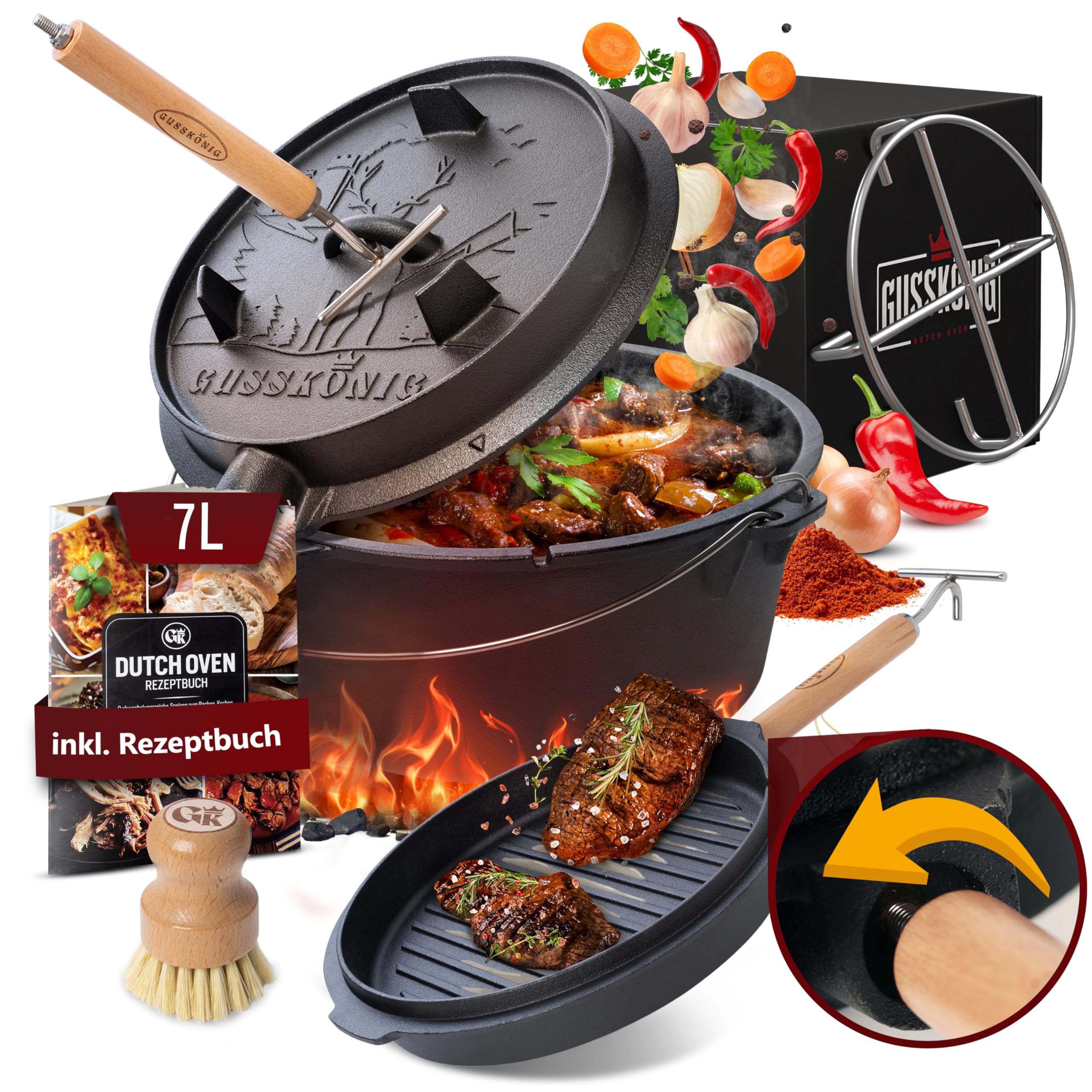 GUSSKÖNIG Ensemble de Dutch Oven - Dutch Oven de 7 Litres déjà culotté - Feuertopf en fonte sans pieds - Cocotte multifonction - avec lève-couvercle 2 en 1, brosse et livre de recettes Dutch Oven
