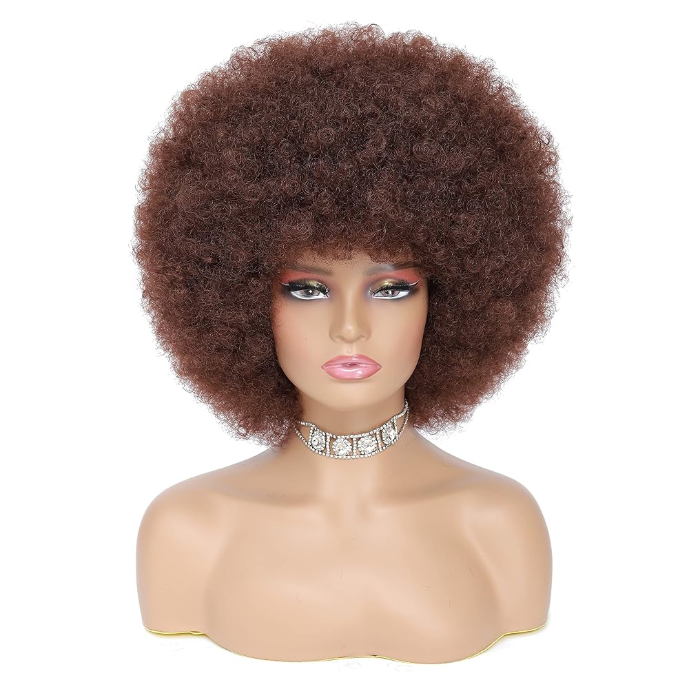 JSDshine 70s Afro Kinky Curly Wig For Women, Brown, Synthetic Fibers, Soft, Bouncy, Natural Looking, With Bangs