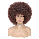 JSDshine 70s Afro Kinky Curly Wig For Women, Brown, Synthetic Fibers, Soft, Bouncy, Natural Looking, With Bangs