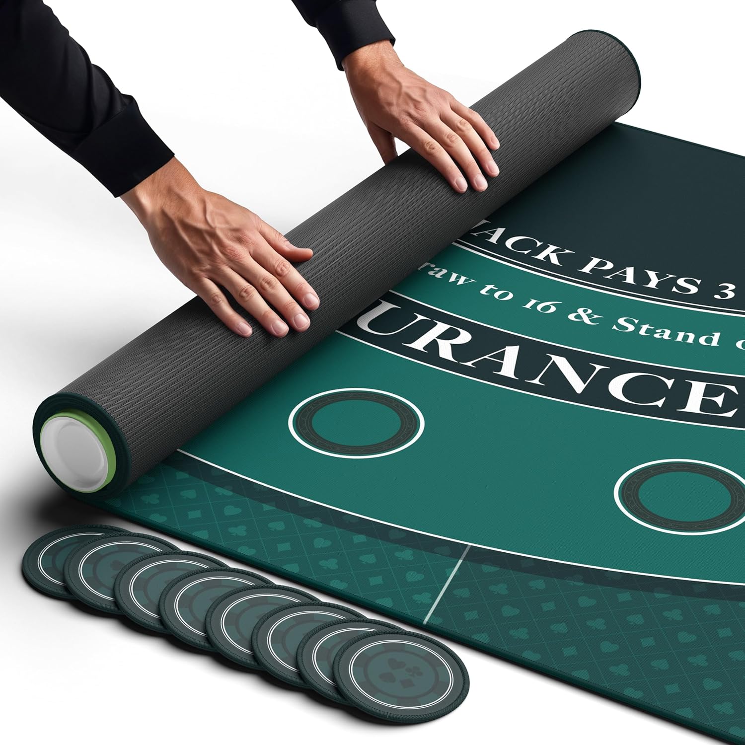 Newverest Blackjack Mat 70" x 35", Blackjack Table Top for Home Game Nights with Friends | Black Jack Casino Table Topper, Poker Mat Layout in Zipper Storage Bag with 8 Coasters in Gift-Ready Box Traditional Green