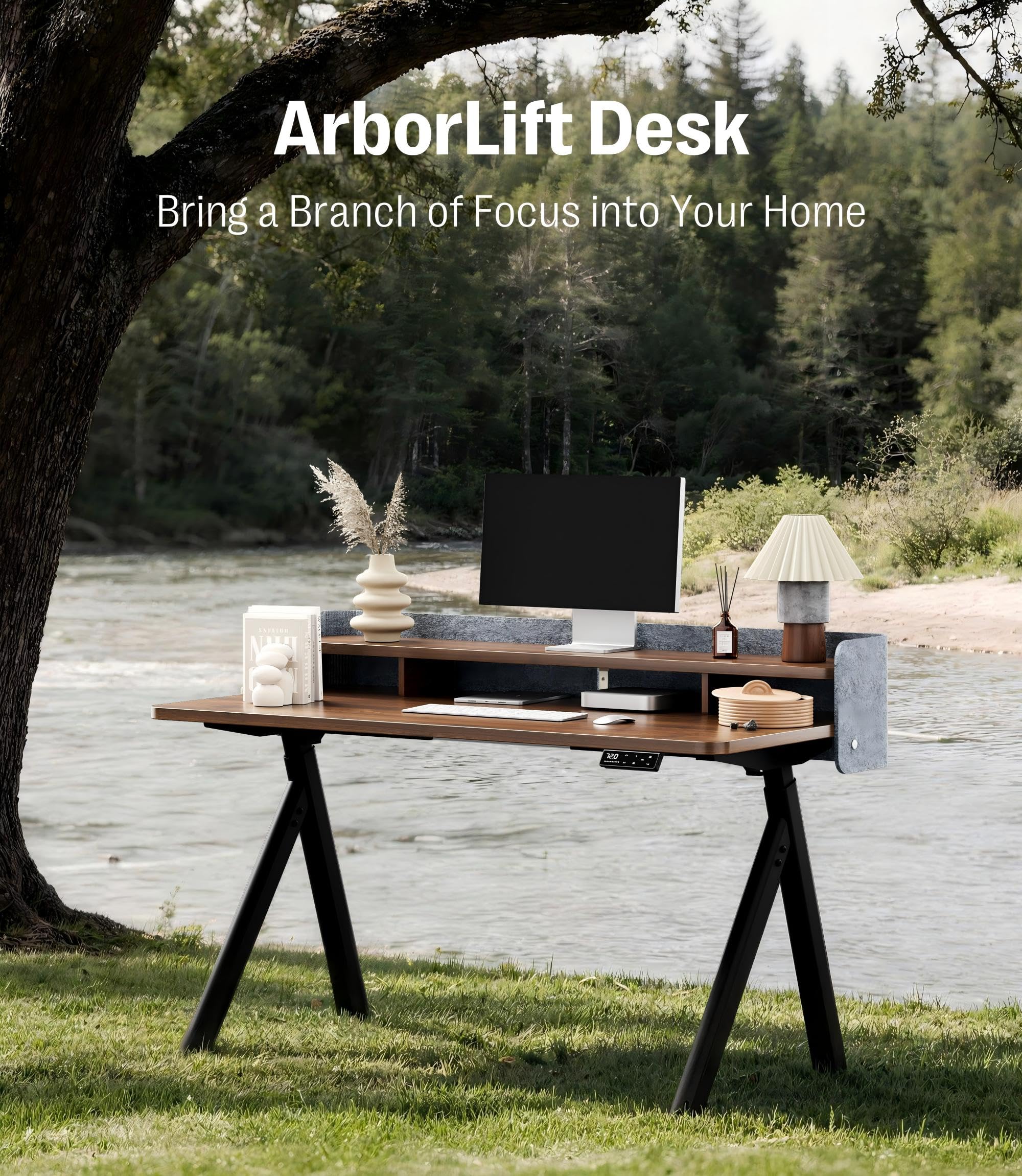 MAIDeSITe Mesa Escritorio Elevable 140x70cm, Estable Eléctrica Elevable Escritorio con Patas Ovaladas Ramificadas, Soporte para Monitor y Pantalla de Fieltro Privada, Mesa para Oficina Hogar