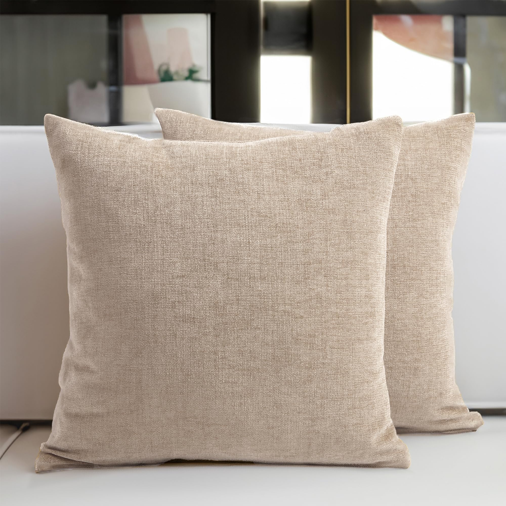 Encasa Fundas de Cojín de Chenilla Juego de 2 | Arena - (24"x24") (60x60 cm) | Fundas Decorativas de Cojín Cuadrado para Sofá, Decoración del Hogar, Sofá