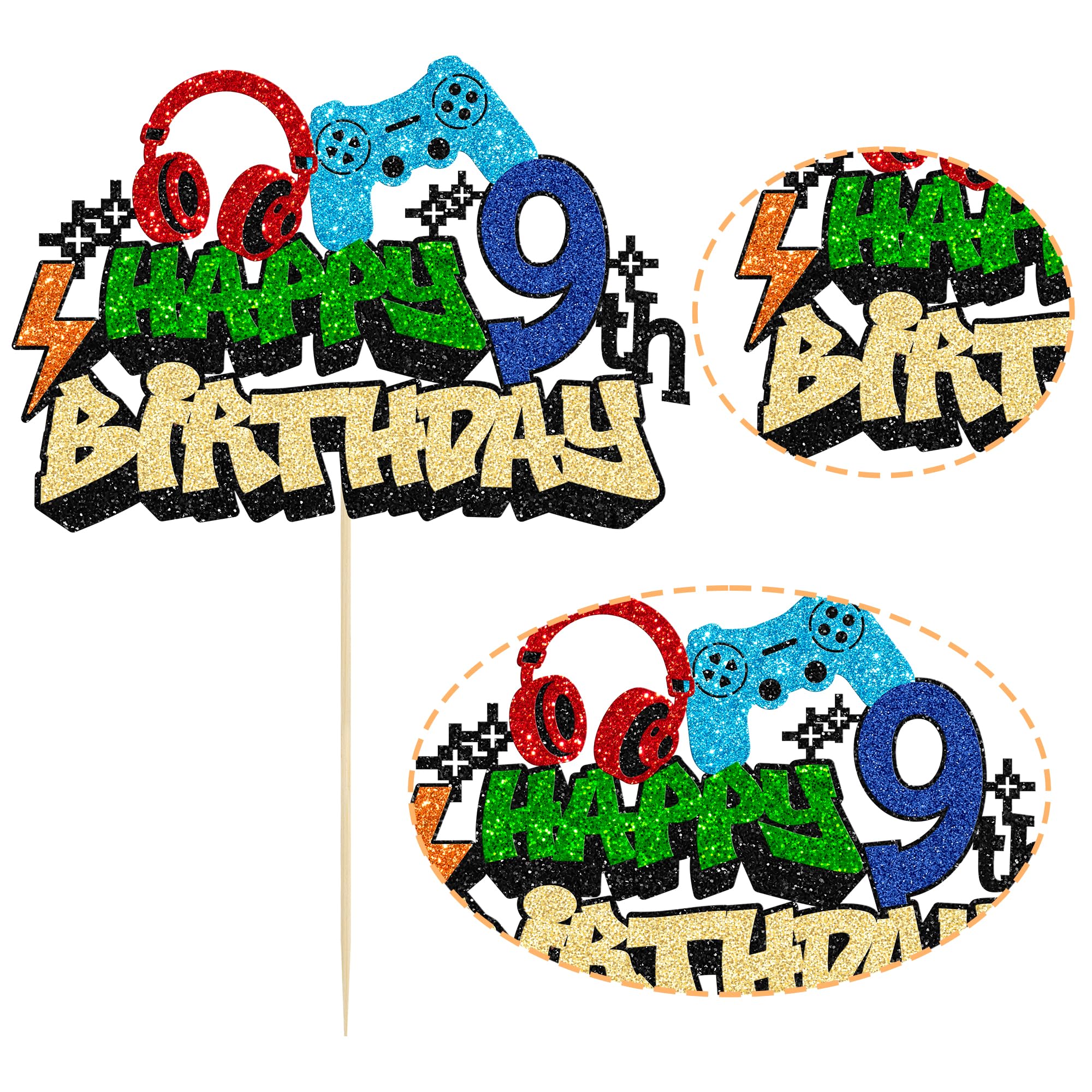 Gyufise 1Pcs Video Game Happy 9th Birthday Cake Topper Glitter Video Game Cake Pick Game On Controllers Tenth Cheers to 9 Years Cake Decoration for Boys 9th Birthday Party Supplies 2
