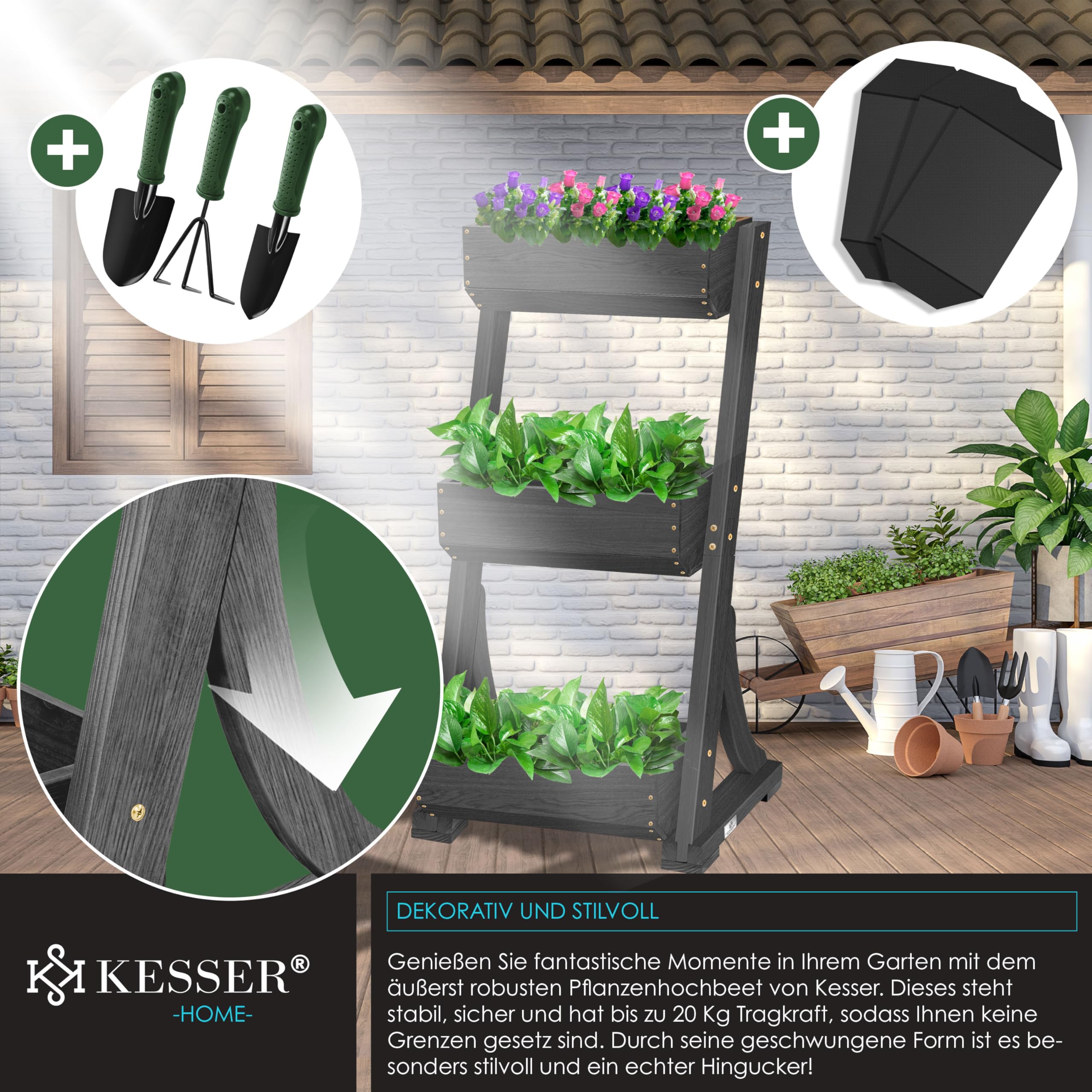 KESSER® Hochbeet mit 3 Etagen Premium Blumenkasten Blumentreppe Pflanztreppe Gemüsebeet Kräuterbeet Pflanzkübel Frühbeet Blumenbeet Pflanzkasten mit Gartenvlies - Beet inkl. Schaufelset, Anthrazit