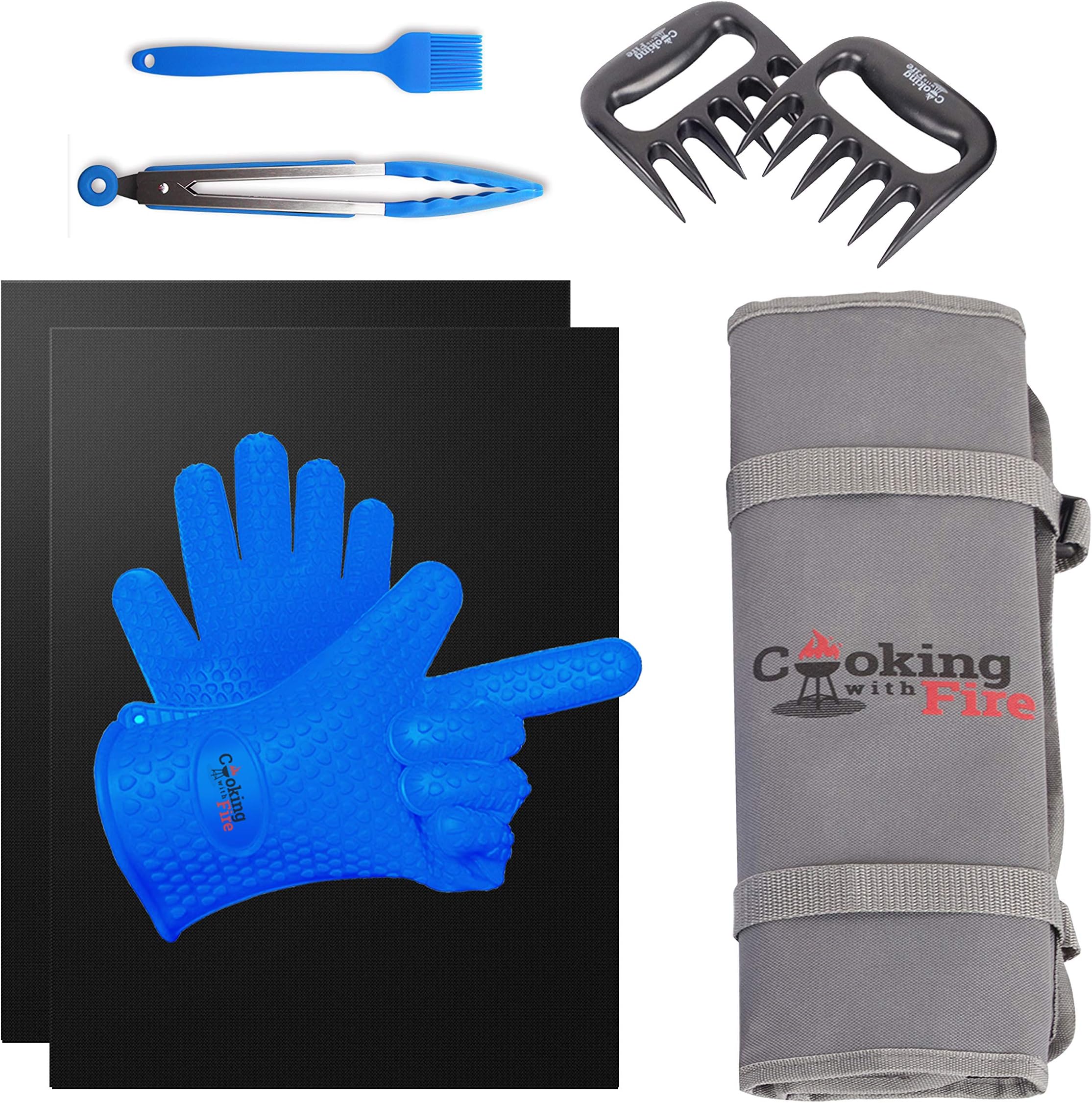 8 Piece Ultimate Smoker & BBQ Tool Set - Non-Stick Grill Mats, Grilling Gloves, Meat Shredder Claws, Basting Brush, and Tongs with Reusable Travel & Storage Case