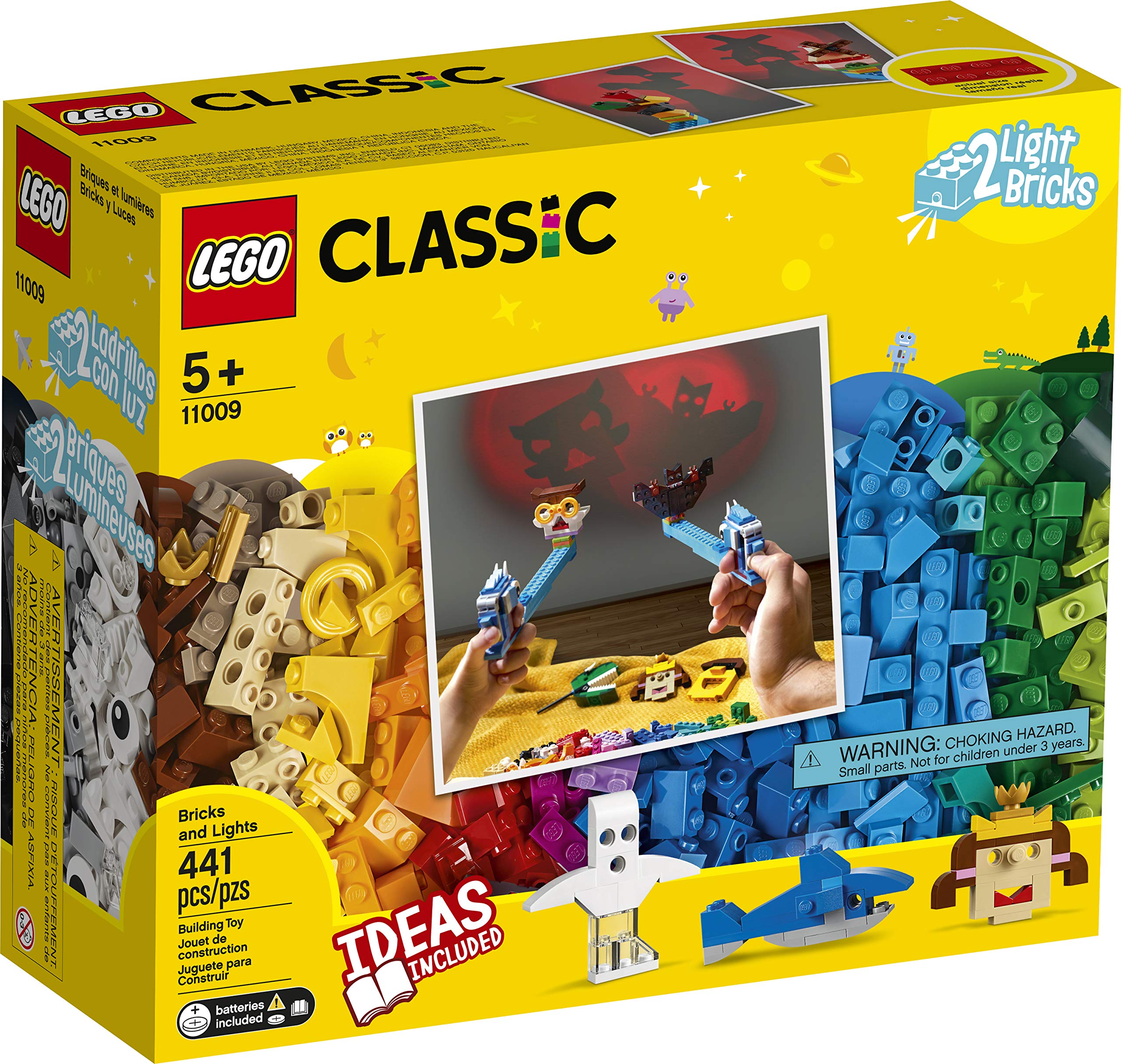LEGO Classic Klocki i światła 11009 — zestaw z teatrzykiem cieni dla dzieci, które uwielbiają budowanie, pomysłową zabawę i opowiadanie historii (441 elementów)