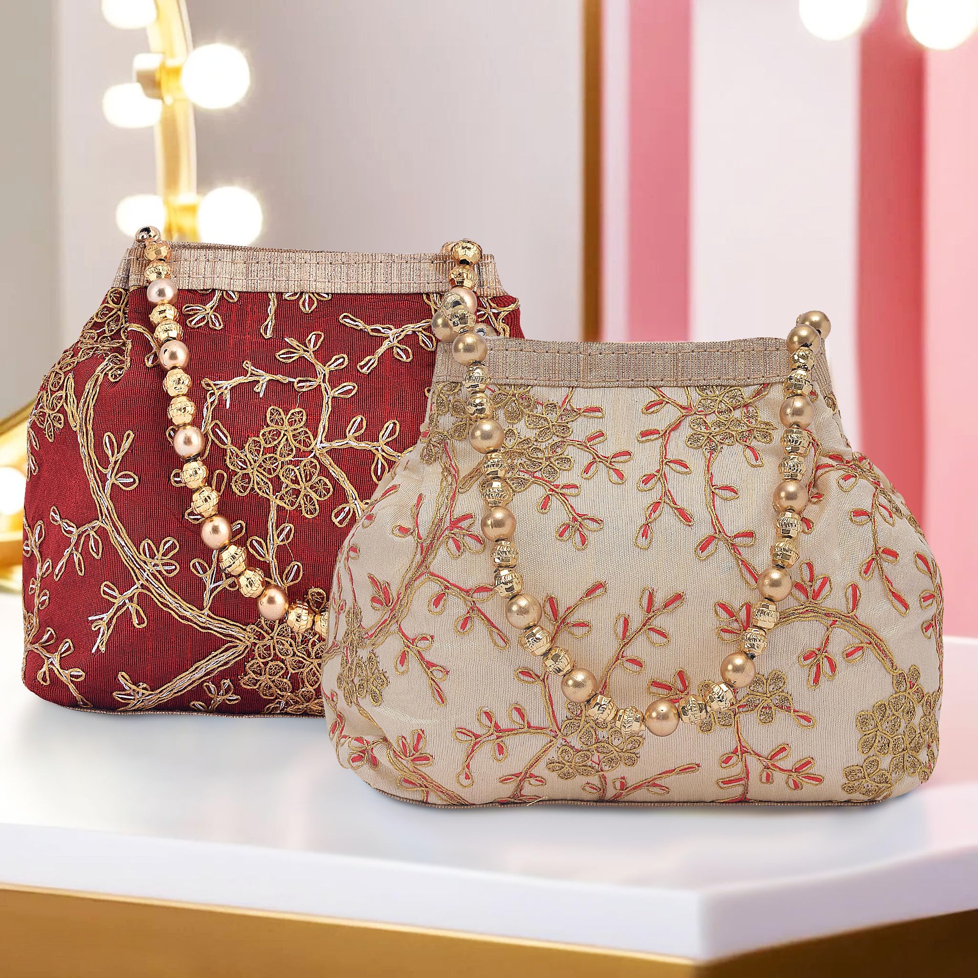 Kuber Industries Pack of 2 Potli Bags for Ladies & Girls | Women Shagun Pouches for Festive Seasons | Bridal Purse | Moti Embroidery- Maroon & Cream