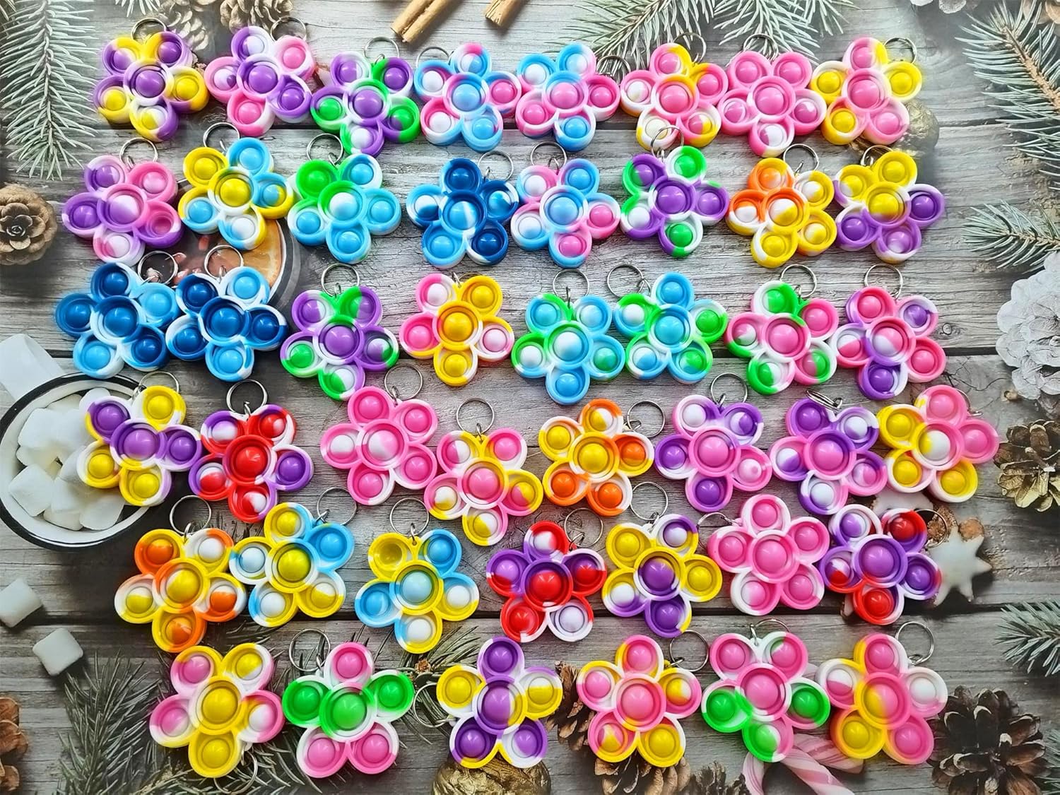 100 Packs Bulk Flower Backpack Keychain Mini pop Fidget for boy and Little Girl,Kids， Birthday Party Favors,Students Bubble Prize