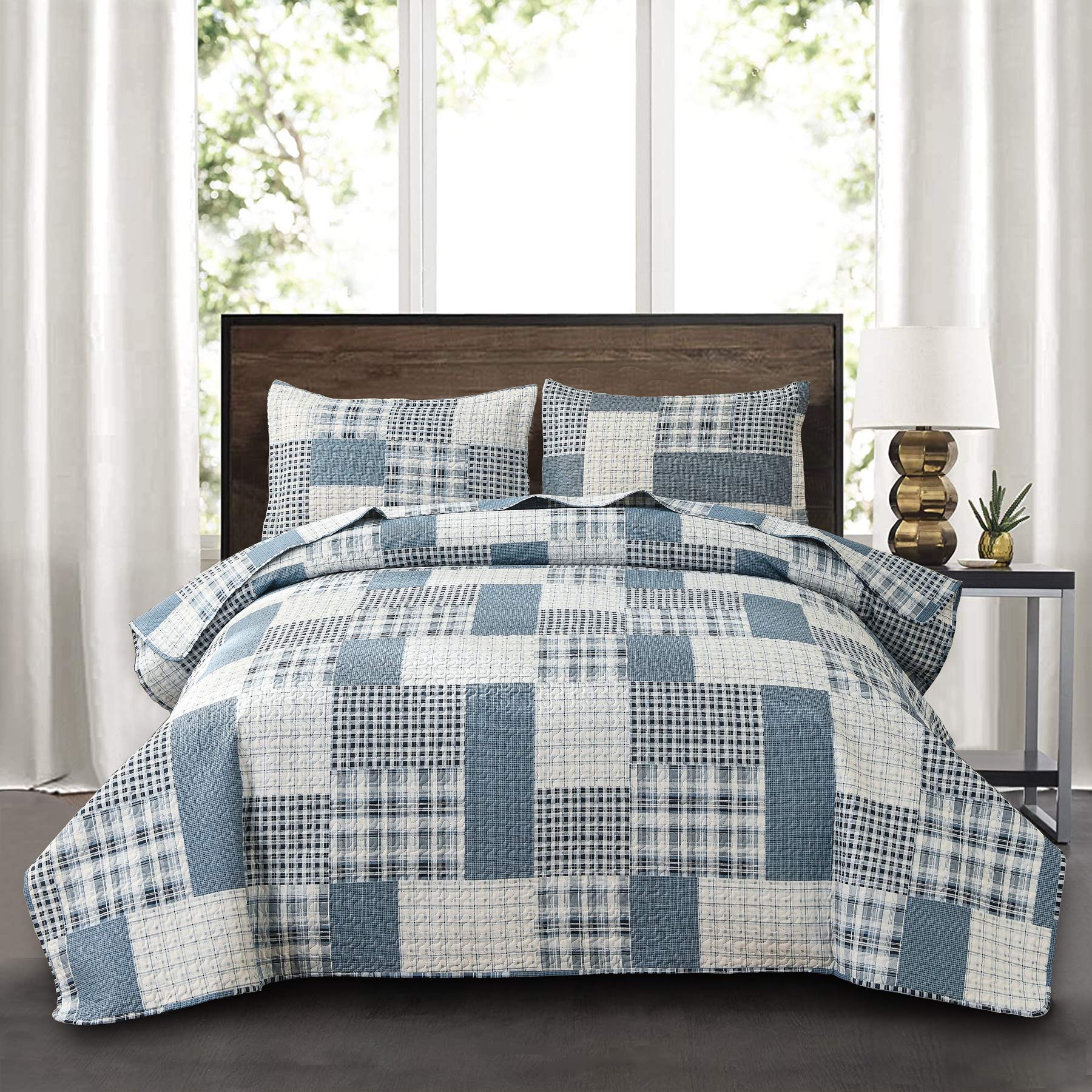 Buy Plaid Quilts Blue White Stripes Grey Tartan Bed Coverlets Boy's Men