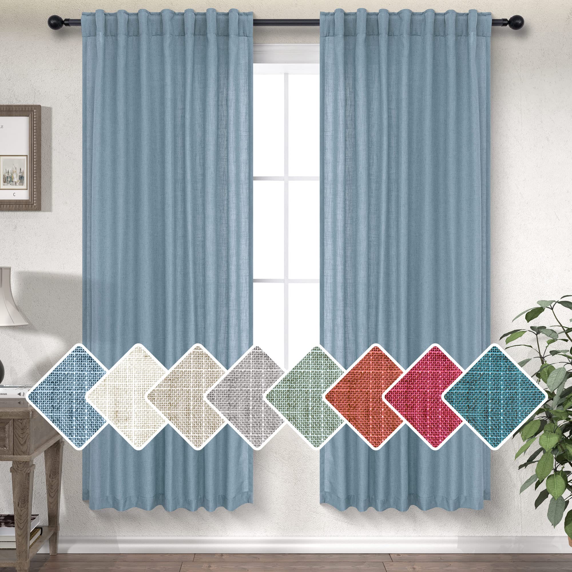 Stone Blue Farmhouse Curtains 63 Inch Length for Boys Bedroom 2 Panel Set Back Tab Pocket Light Filter Breathable Semi Sheer Privacy Country Blue